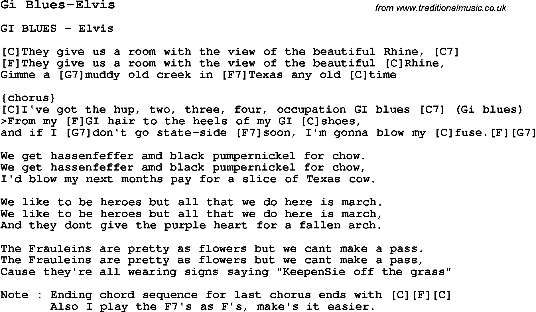 Blues Guitar Song, lyrics, chords, tablature, playing hints for Gi Blues-Elvis