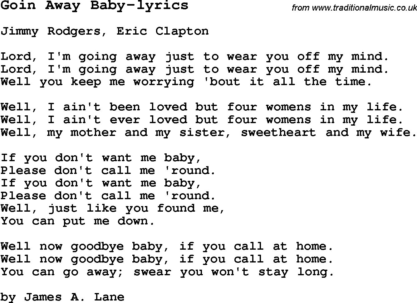 Blues Guitar Song, lyrics, chords, tablature, playing hints for Goin Away Baby-lyrics