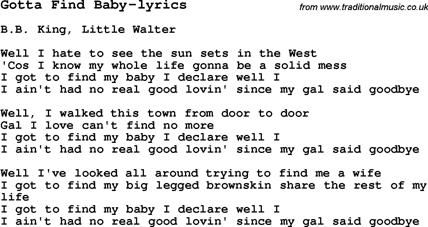 Blues Guitar Song, lyrics, chords, tablature, playing hints for Gotta Find Baby-lyrics