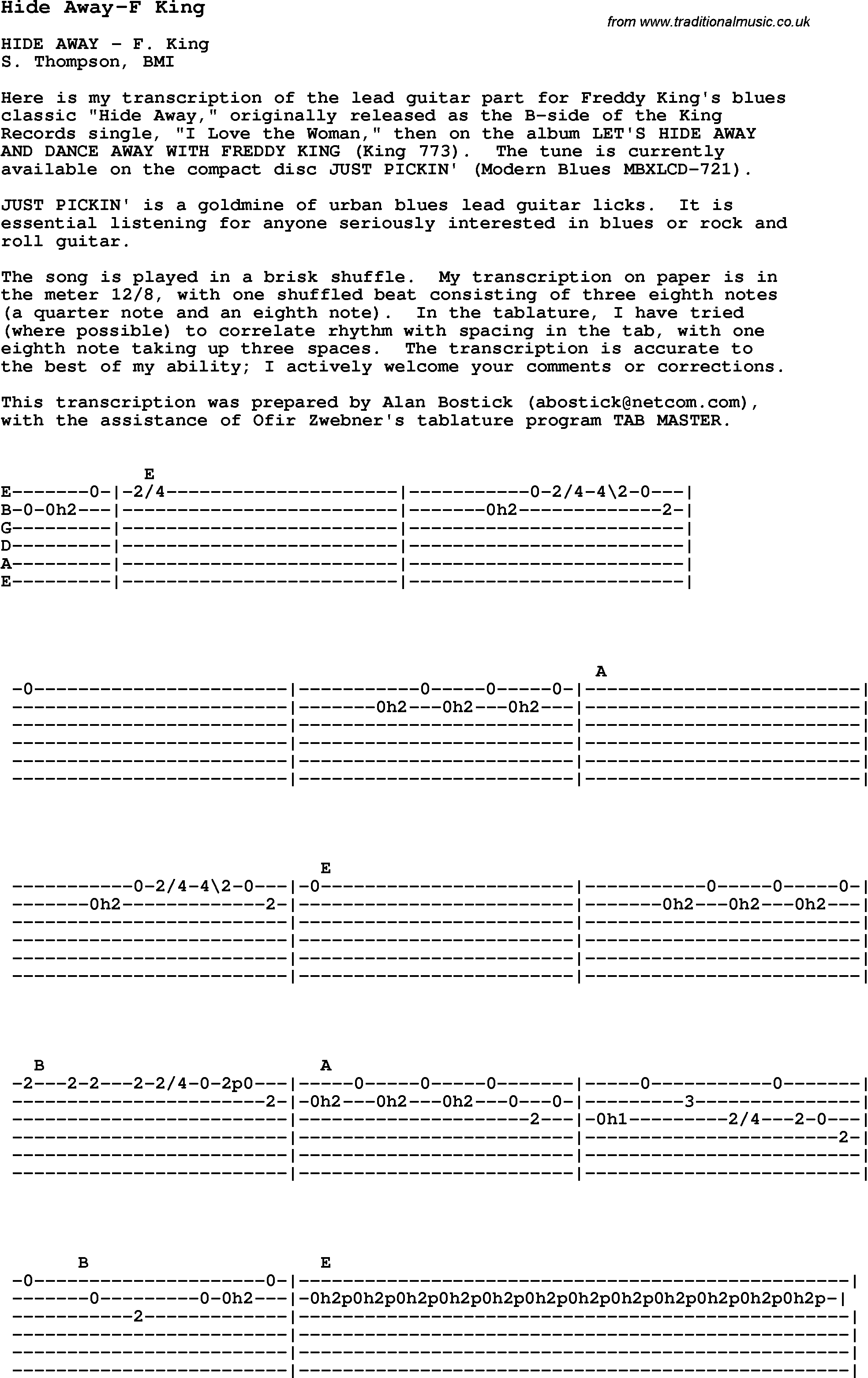 Blues Guitar Song, lyrics, chords, tablature, playing hints for Hide Away-F King