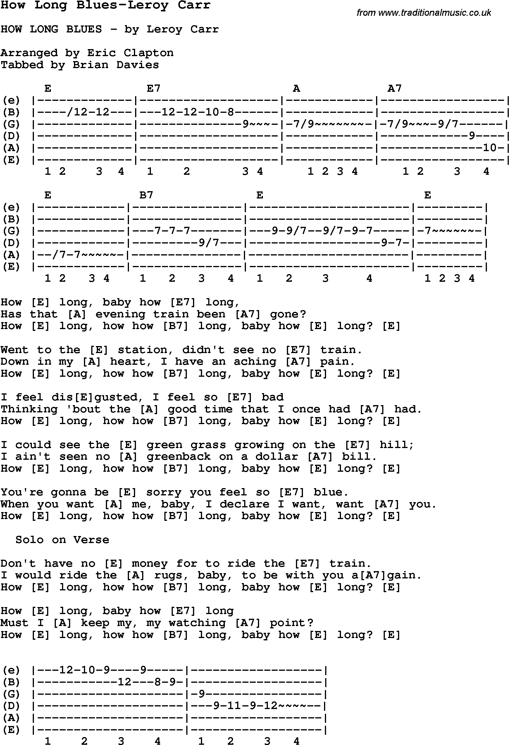 Blues Guitar Song, lyrics, chords, tablature, playing hints for How Long Blues-Leroy Carr