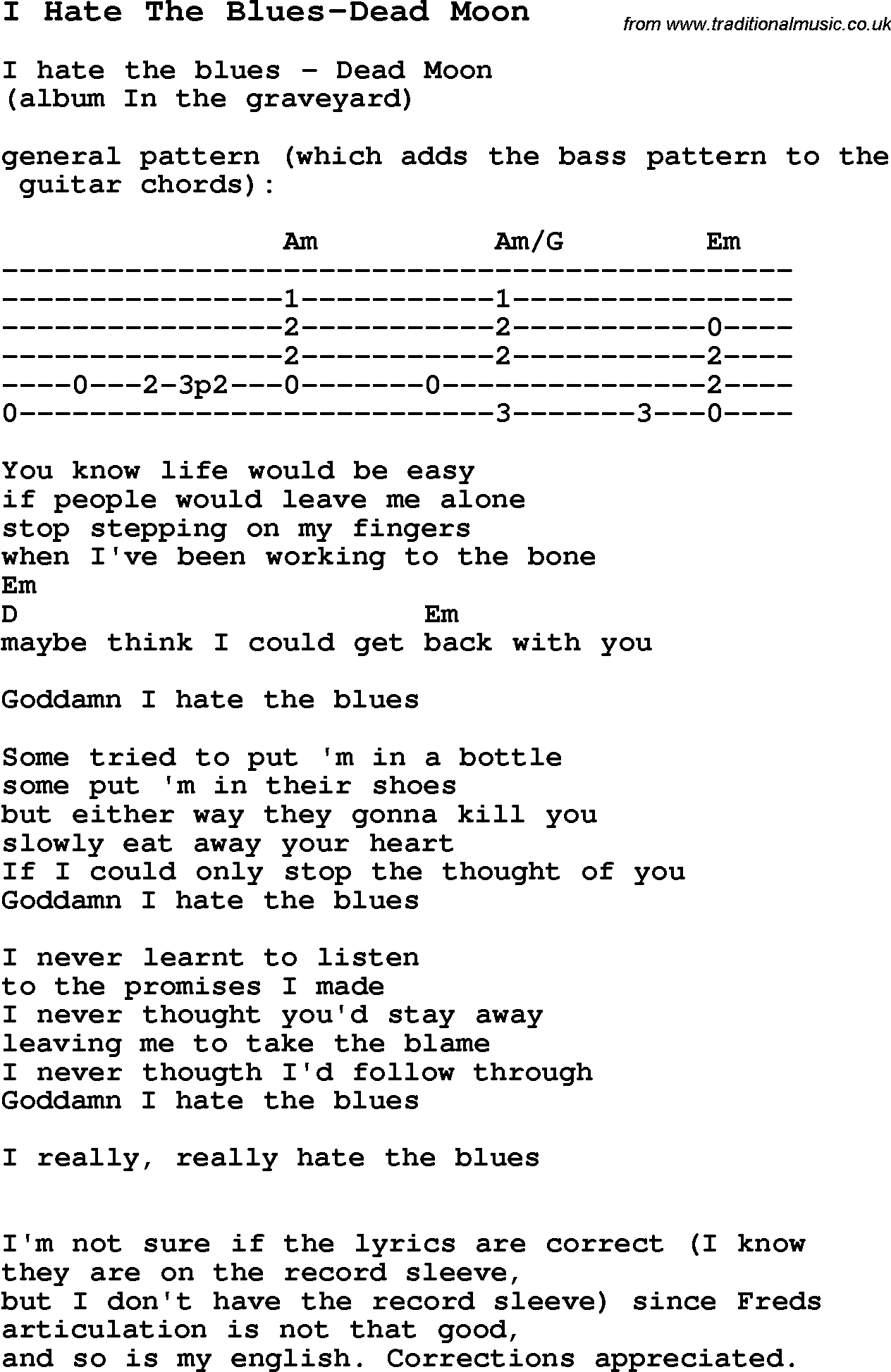 Blues Guitar Song, lyrics, chords, tablature, playing hints for I Hate The Blues-Dead Moon