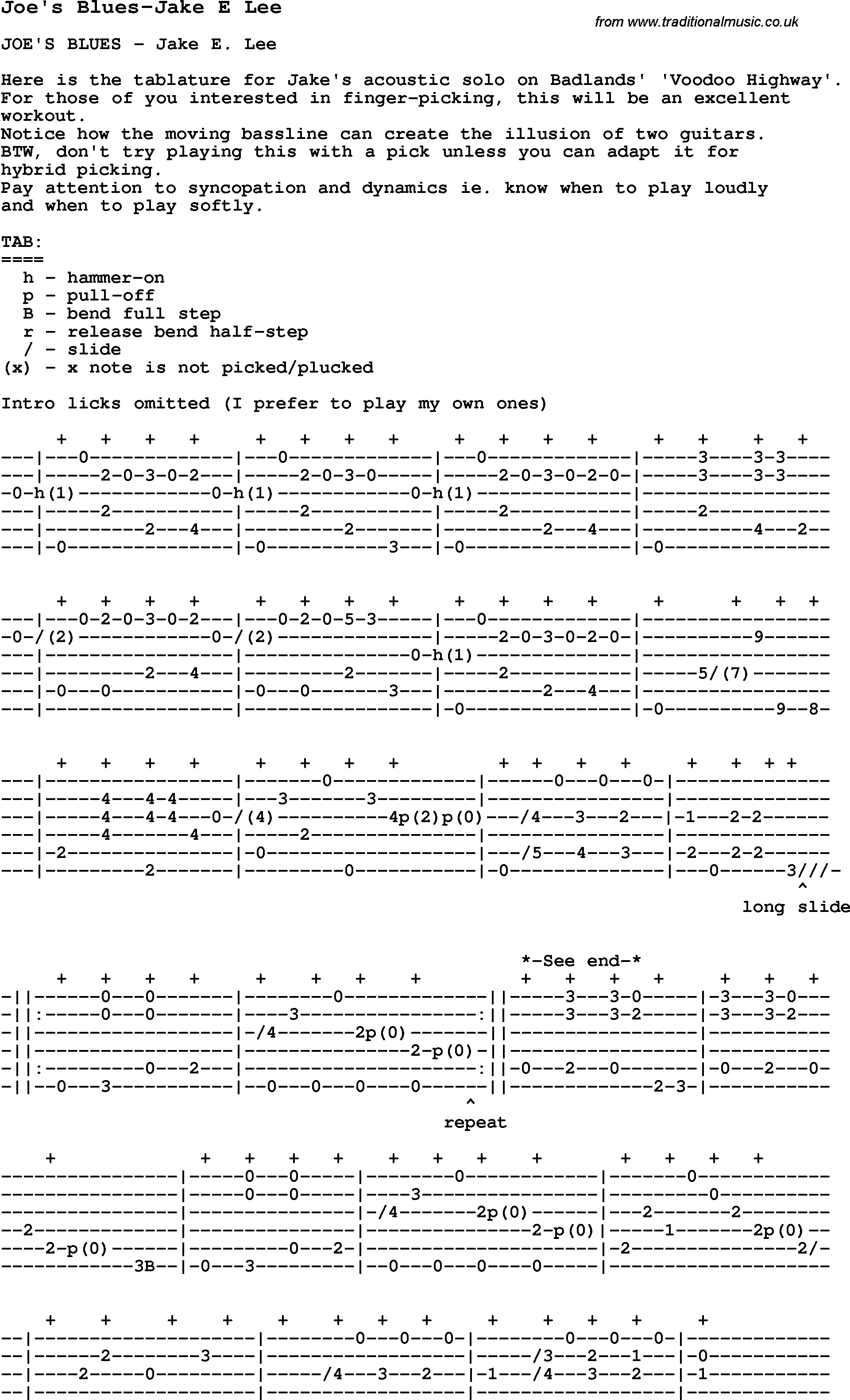 Blues Guitar Song, lyrics, chords, tablature, playing hints for Joe's Blues-Jake E Lee