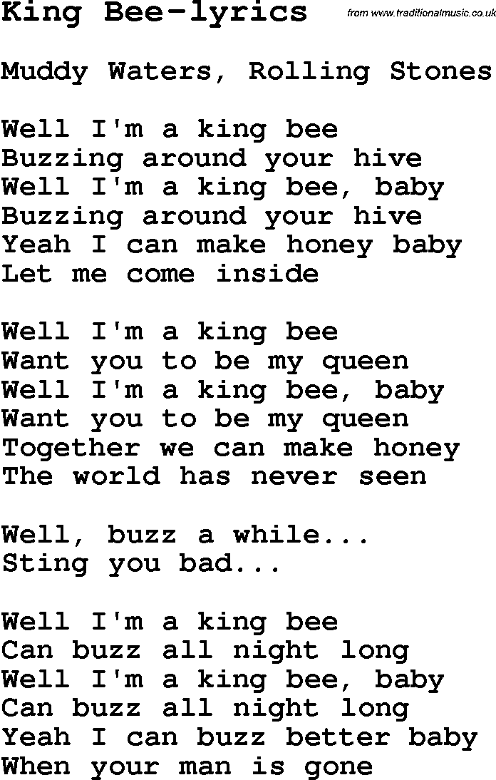 Blues Guitar Song, lyrics, chords, tablature, playing hints for King Bee-lyrics