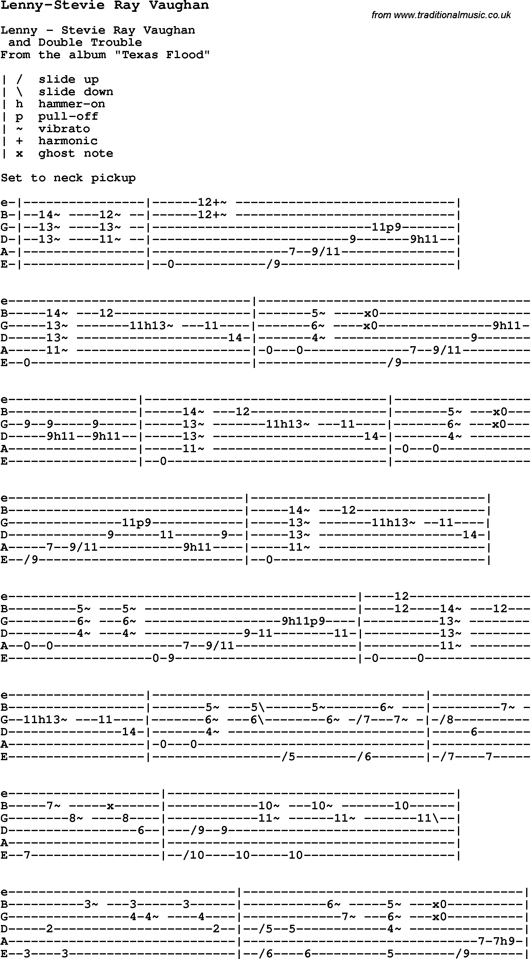 Blues Guitar Song, lyrics, chords, tablature, playing hints for Lenny-Stevie Ray Vaughan
