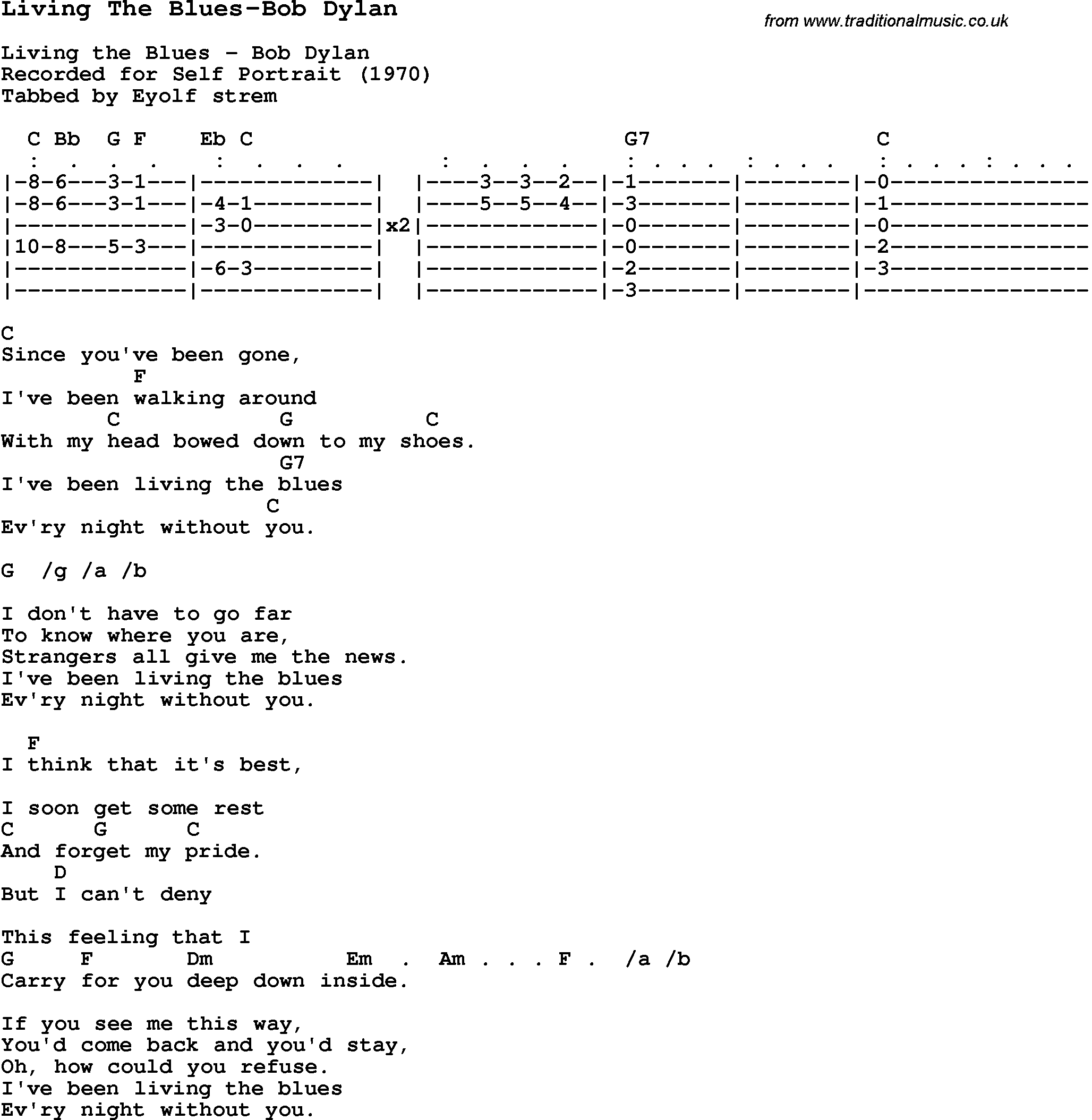 Blues Guitar Song, lyrics, chords, tablature, playing hints for Living The Blues-Bob Dylan