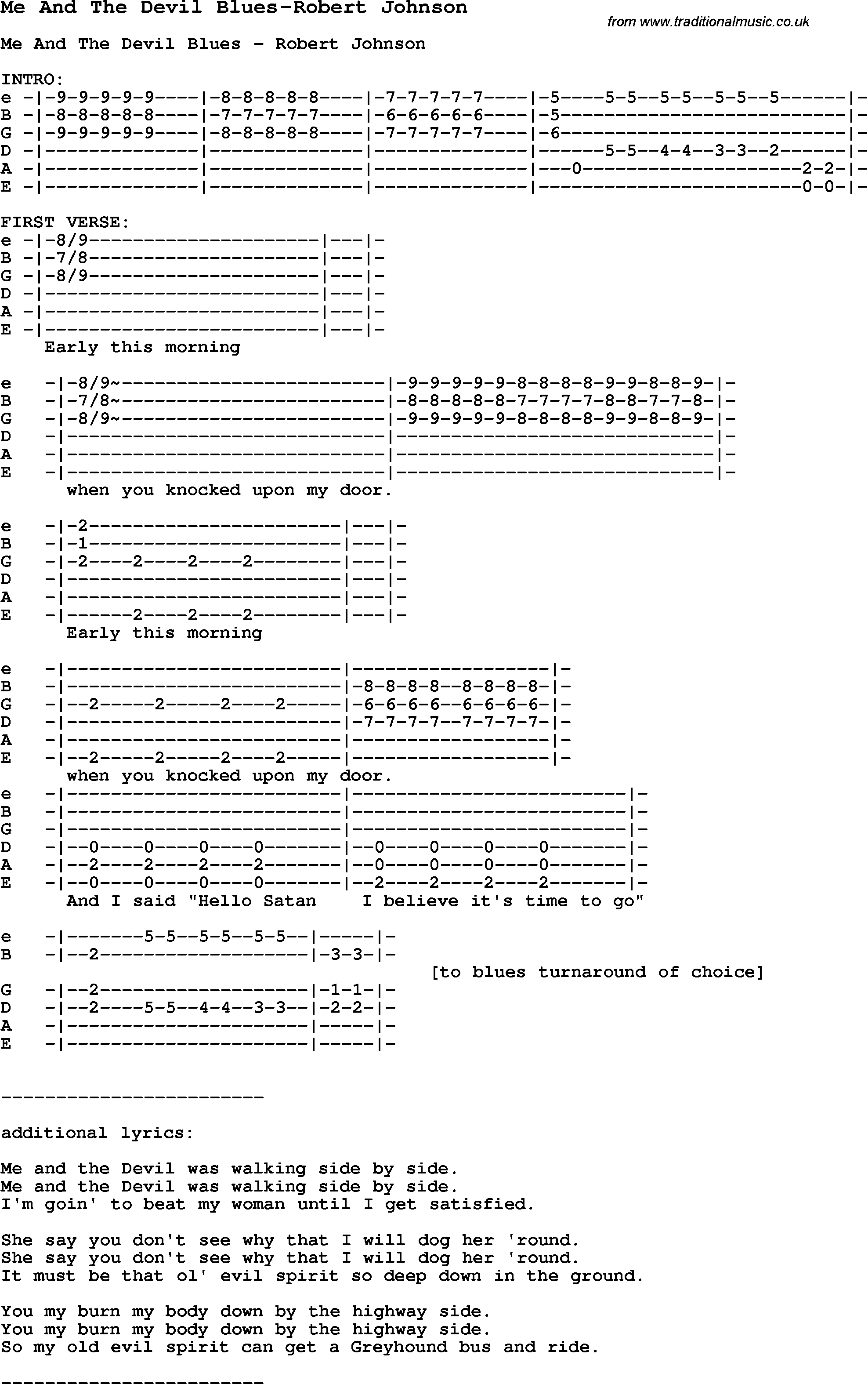 Blues Guitar Song, lyrics, chords, tablature, playing hints for Me And The Devil Blues-Robert Johnson