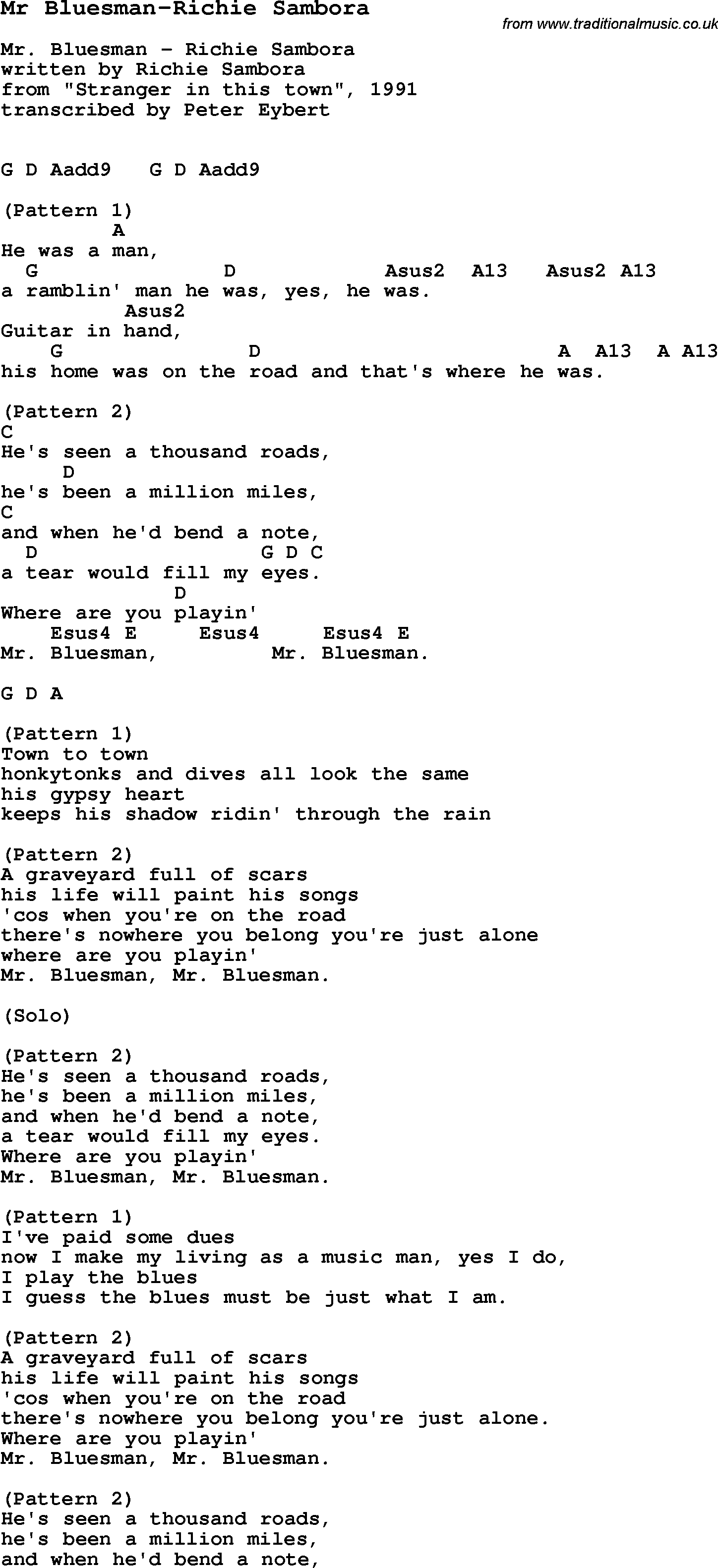 Blues Guitar Song, lyrics, chords, tablature, playing hints for Mr Bluesman-Richie Sambora