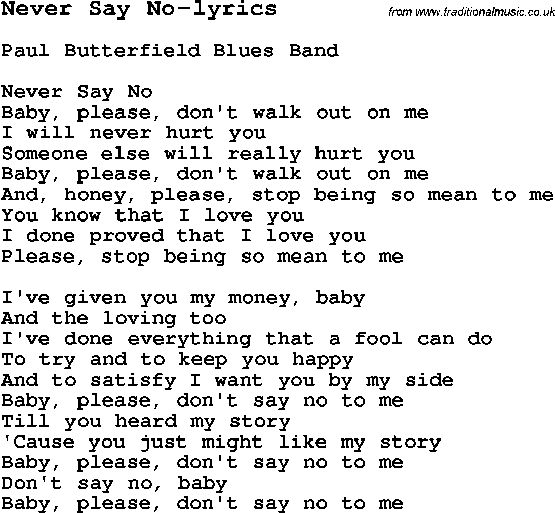 Blues Guitar Song, lyrics, chords, tablature, playing hints for Never Say No-lyrics