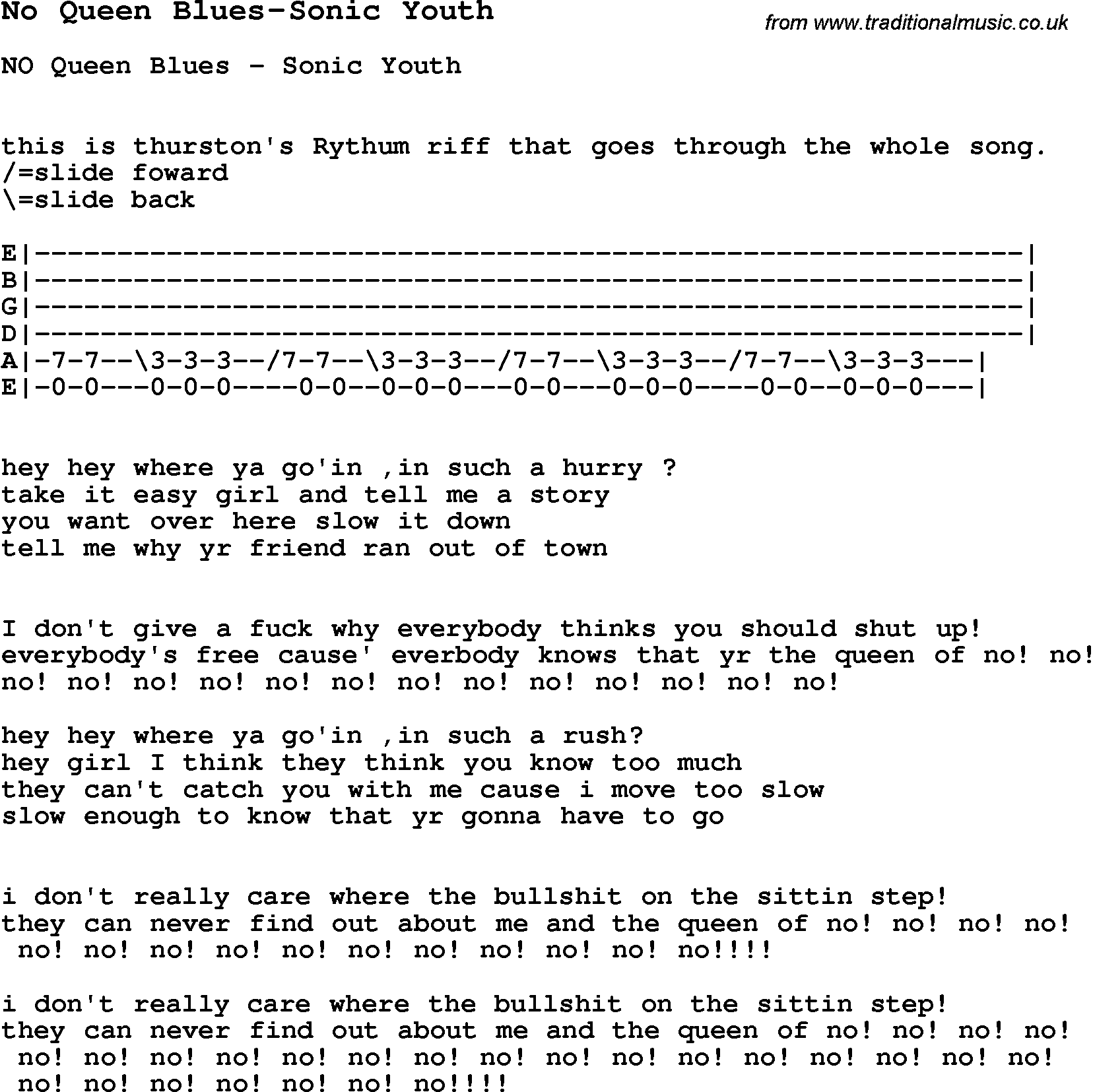 Blues Guitar Song, lyrics, chords, tablature, playing hints for No Queen Blues-Sonic Youth