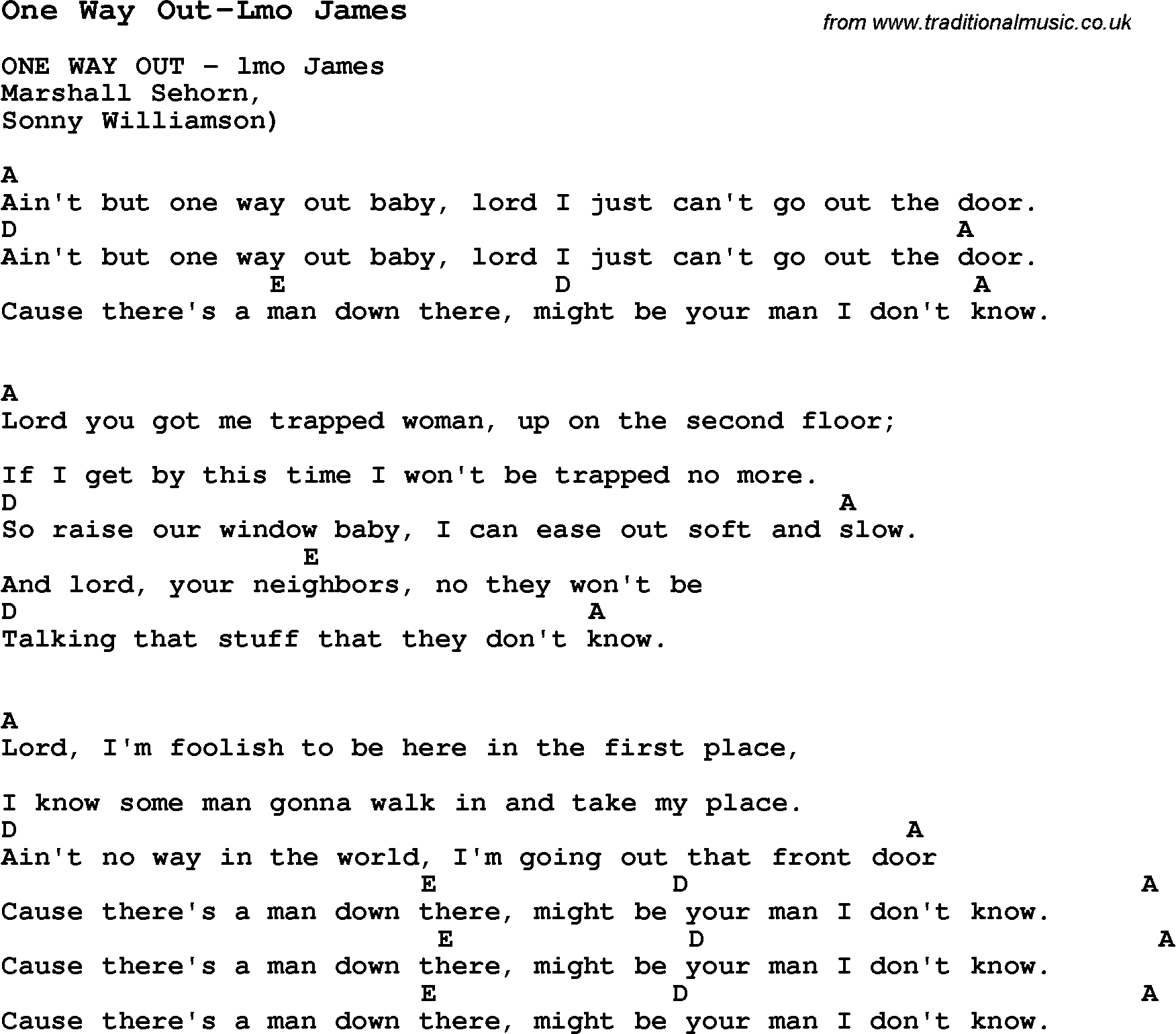 Blues Guitar Song, lyrics, chords, tablature, playing hints for One Way Out-Lmo James