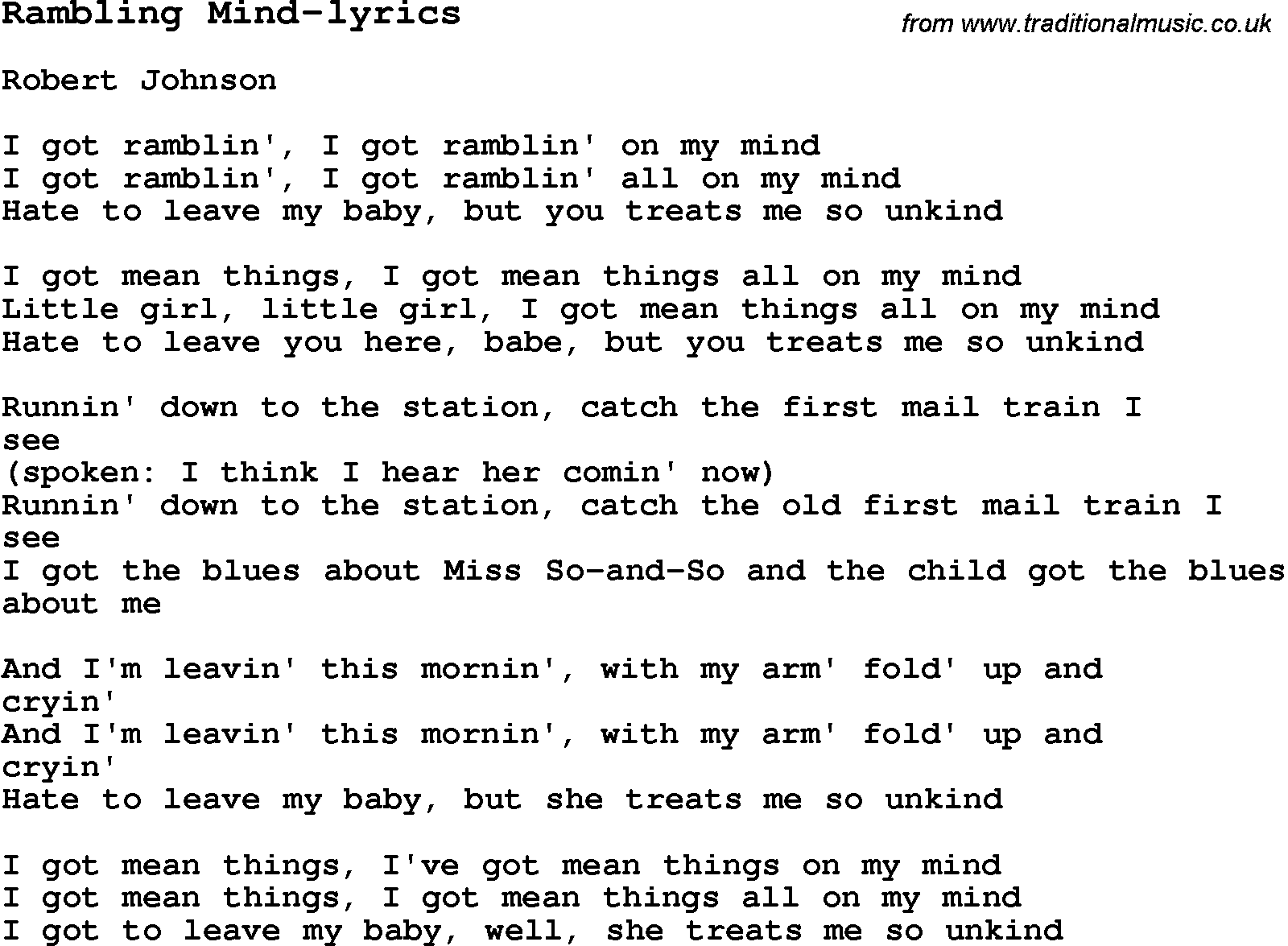 Blues Guitar Song, lyrics, chords, tablature, playing hints for Rambling Mind-lyrics