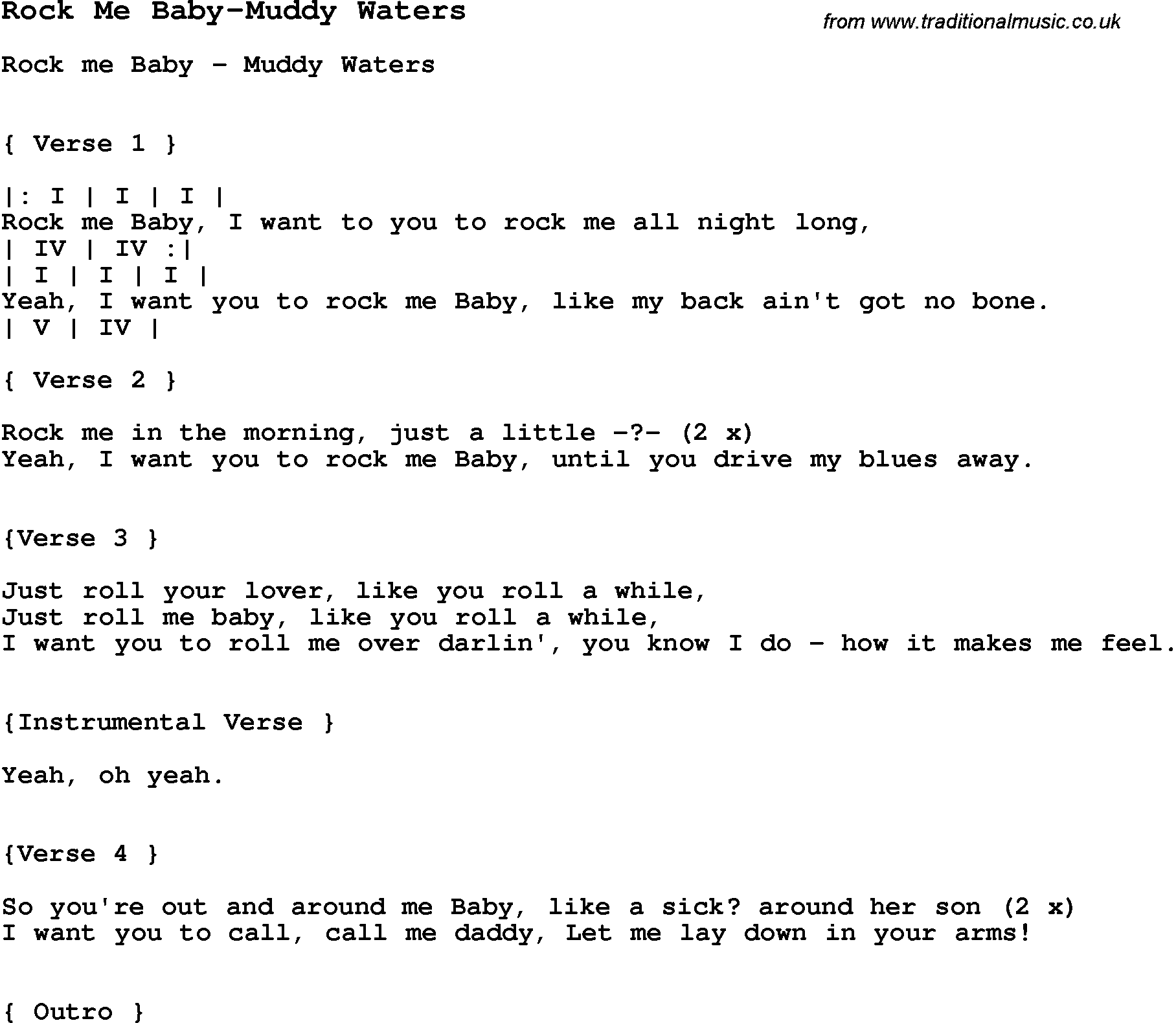 Blues Guitar Song, lyrics, chords, tablature, playing hints for Rock Me Baby-Muddy Waters