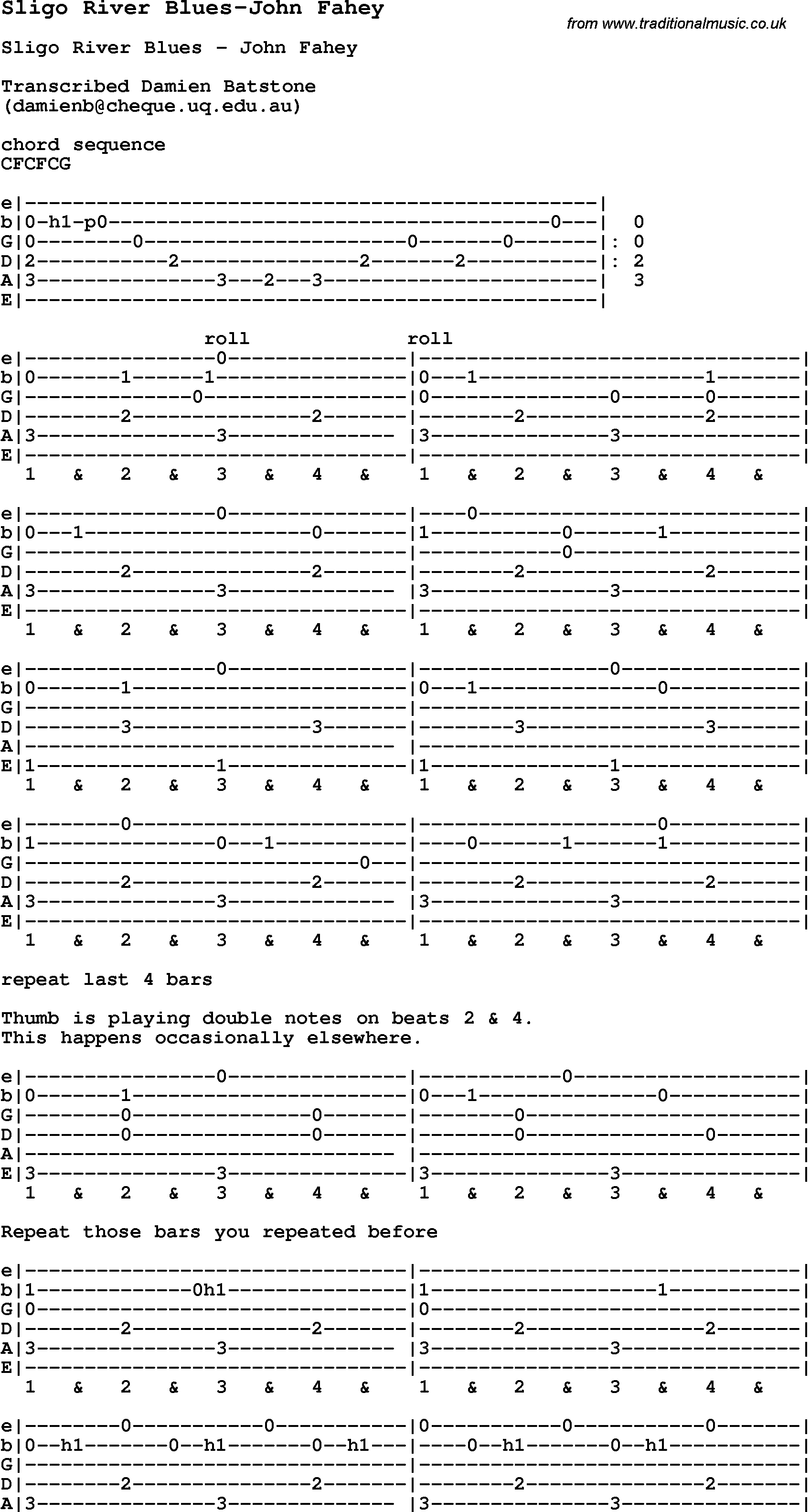 Blues Guitar Song, lyrics, chords, tablature, playing hints for Sligo River Blues-John Fahey