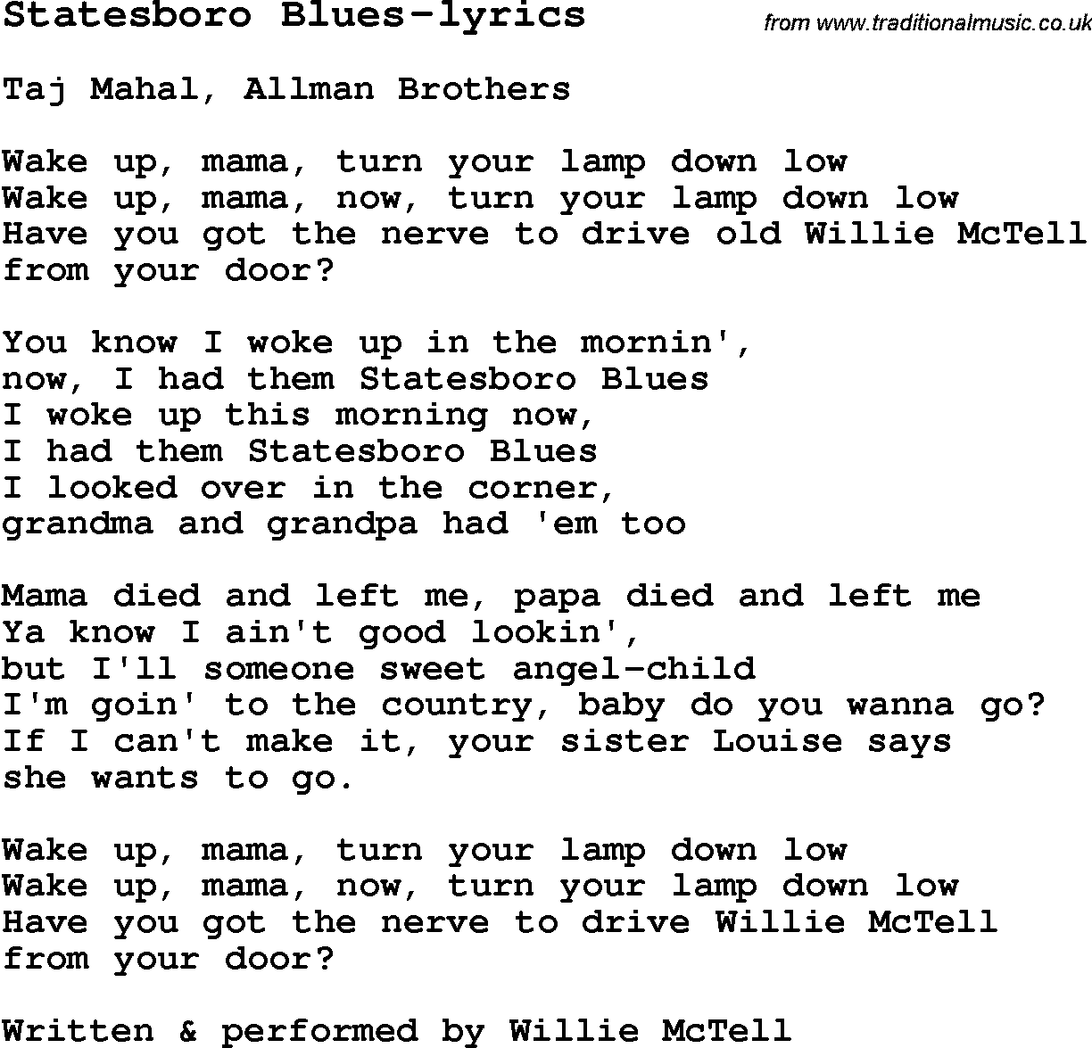 Blues Guitar Song, lyrics, chords, tablature, playing hints for Statesboro Blues-lyrics