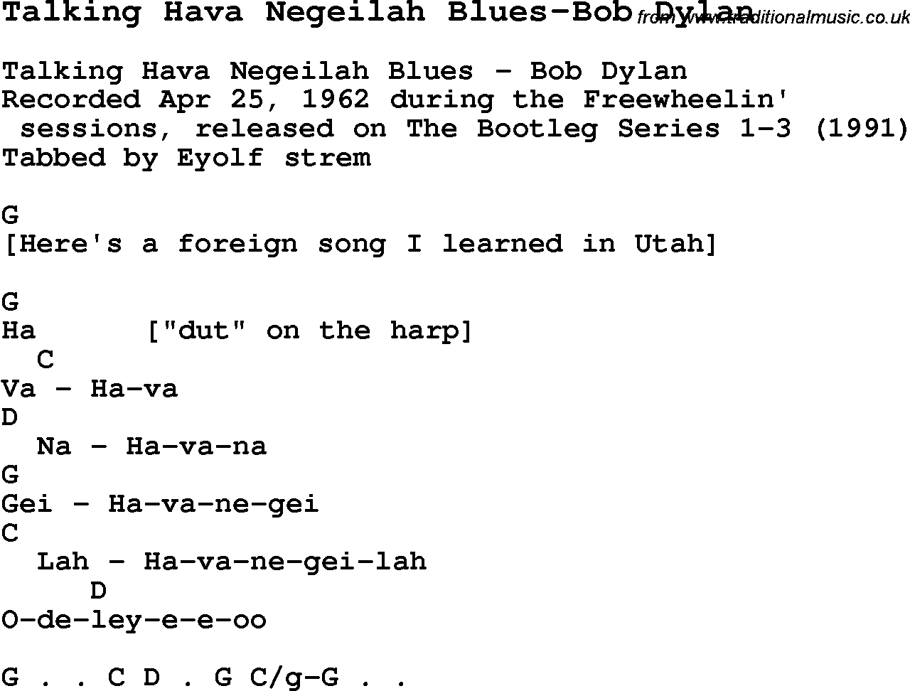 Blues Guitar Song, lyrics, chords, tablature, playing hints for Talking Hava Negeilah Blues-Bob Dylan