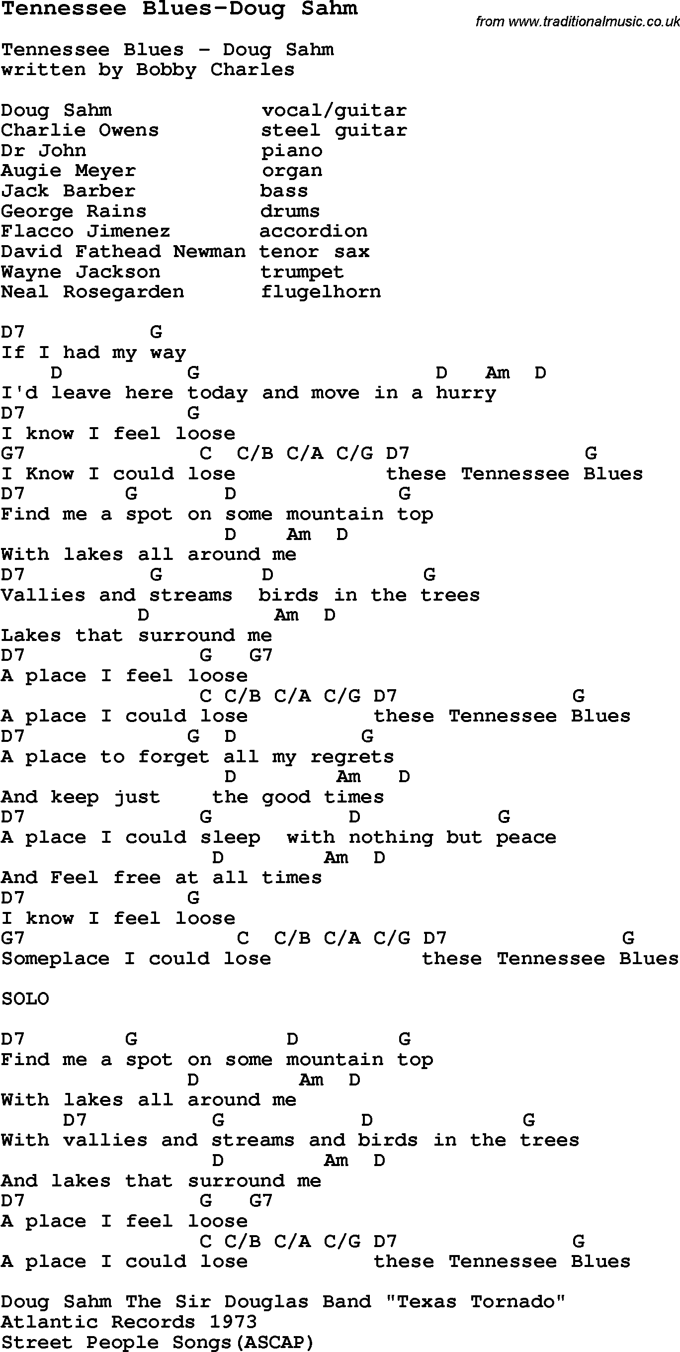 Blues Guitar Song, lyrics, chords, tablature, playing hints for Tennessee Blues-Doug Sahm