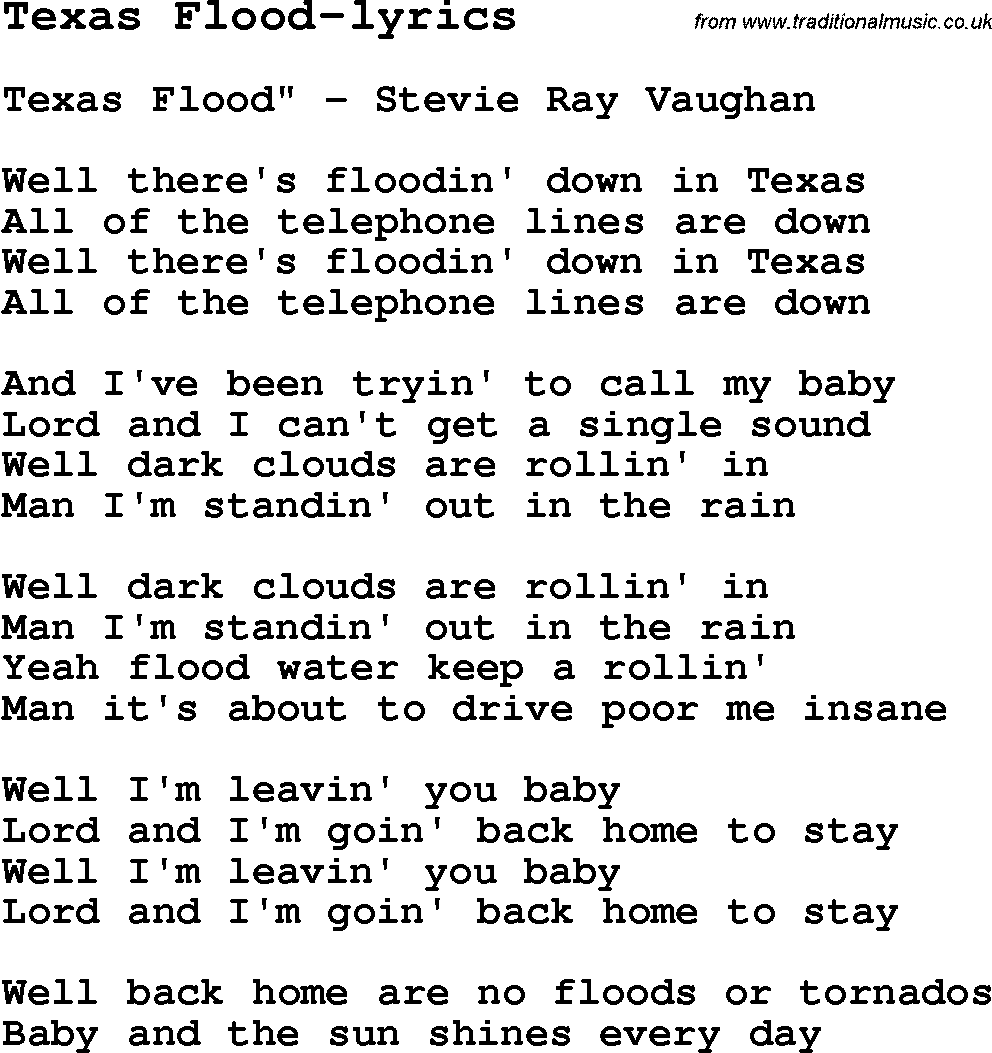Blues Guitar Song, lyrics, chords, tablature, playing hints for Texas Flood-lyrics