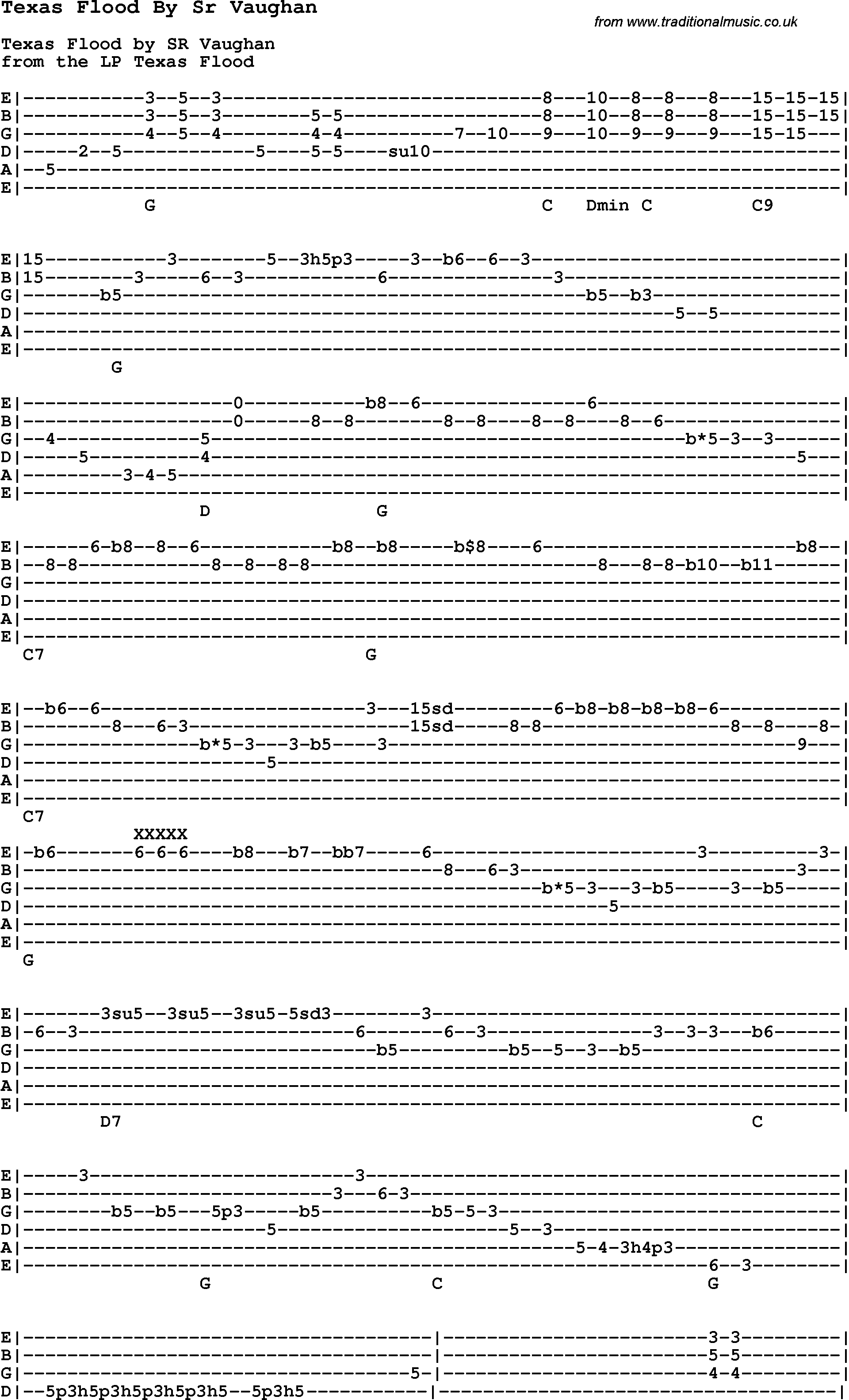 Blues Guitar Song, lyrics, chords, tablature, playing hints for Texas Flood By Sr Vaughan