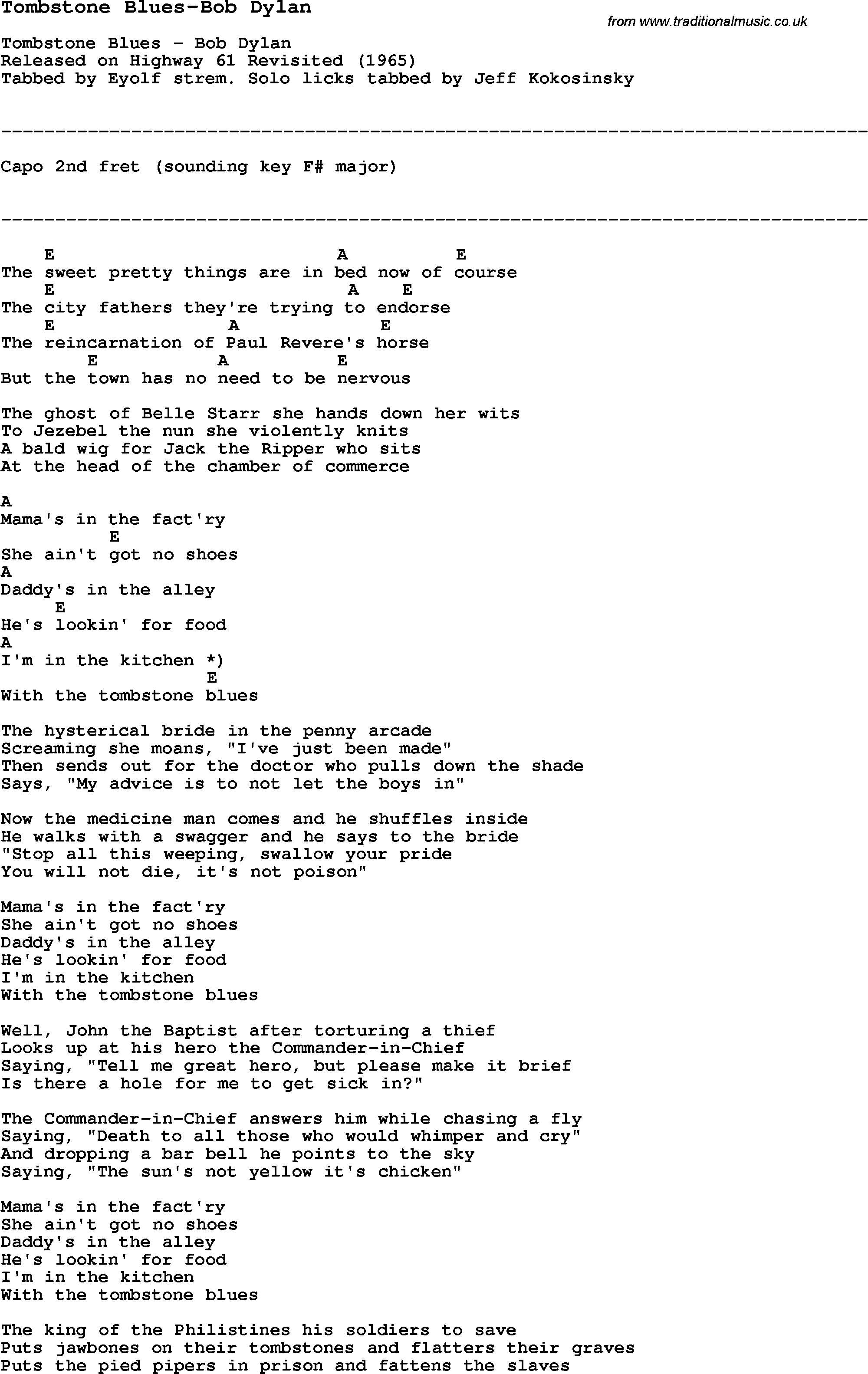 Blues Guitar Song, lyrics, chords, tablature, playing hints for Tombstone Blues-Bob Dylan