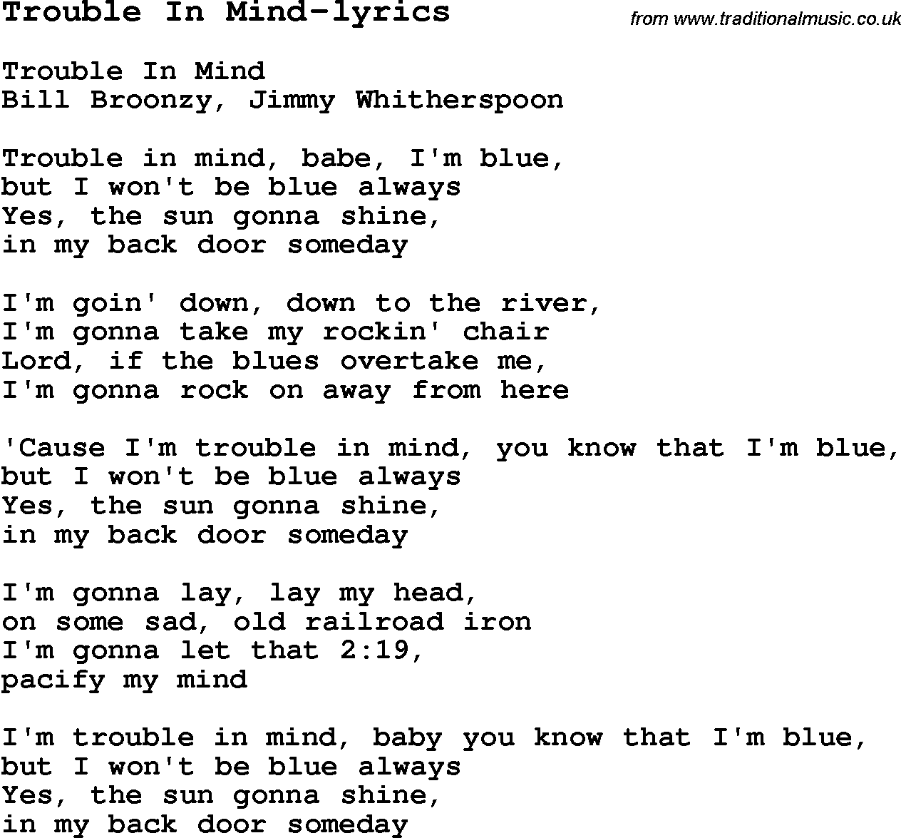 Blues Guitar Song, lyrics, chords, tablature, playing hints for Trouble In Mind-lyrics