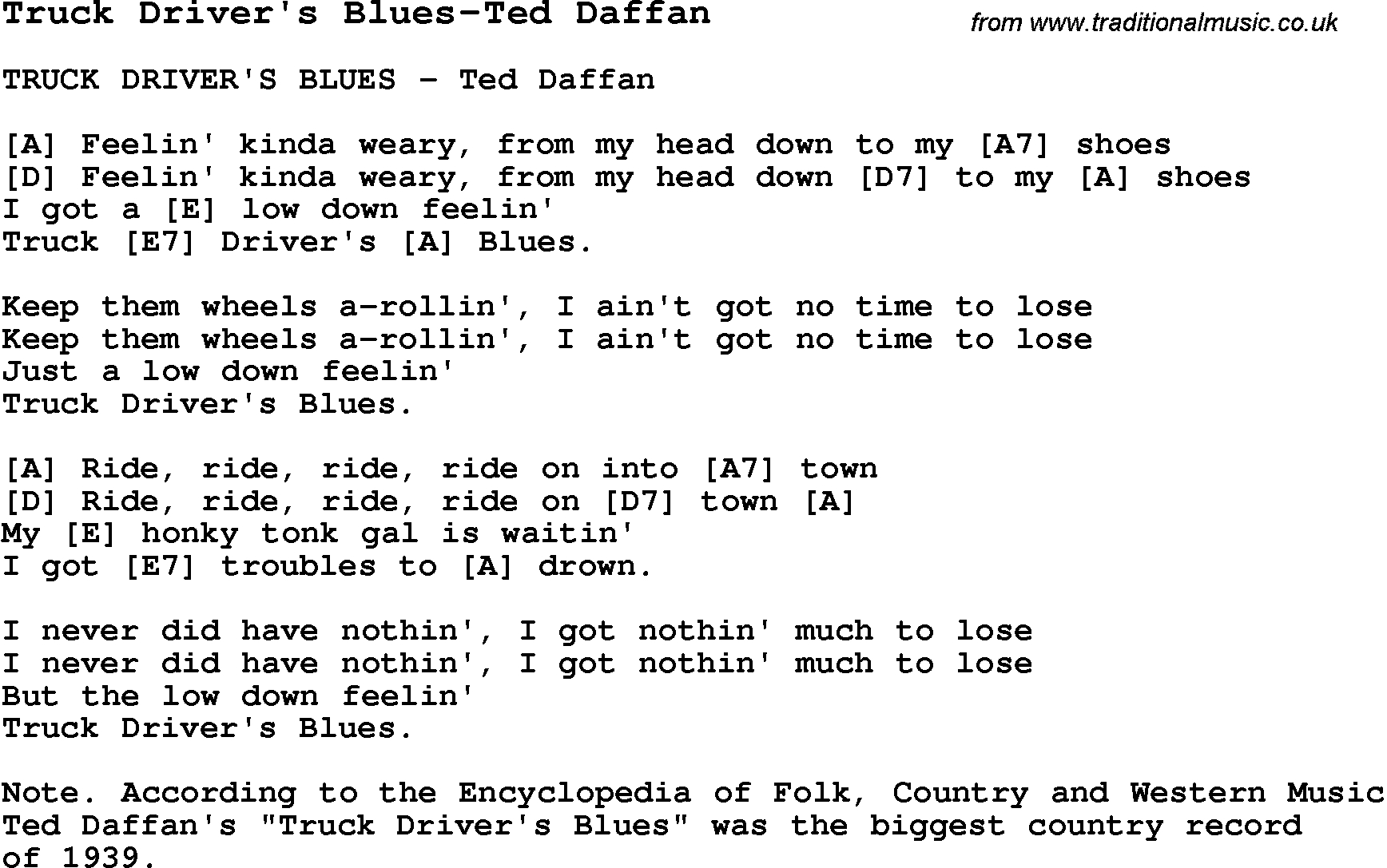 Blues Guitar Song, lyrics, chords, tablature, playing hints for Truck Driver's Blues-Ted Daffan