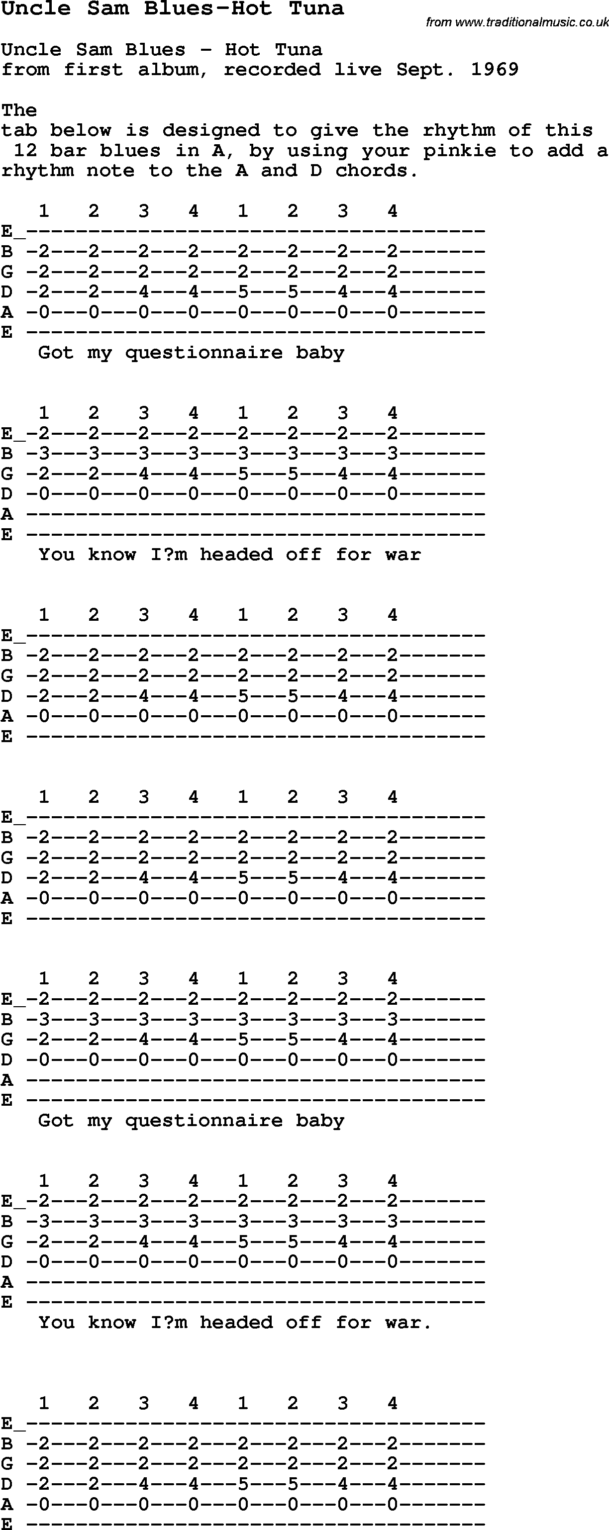 Blues Guitar Song, lyrics, chords, tablature, playing hints for Uncle Sam Blues-Hot Tuna