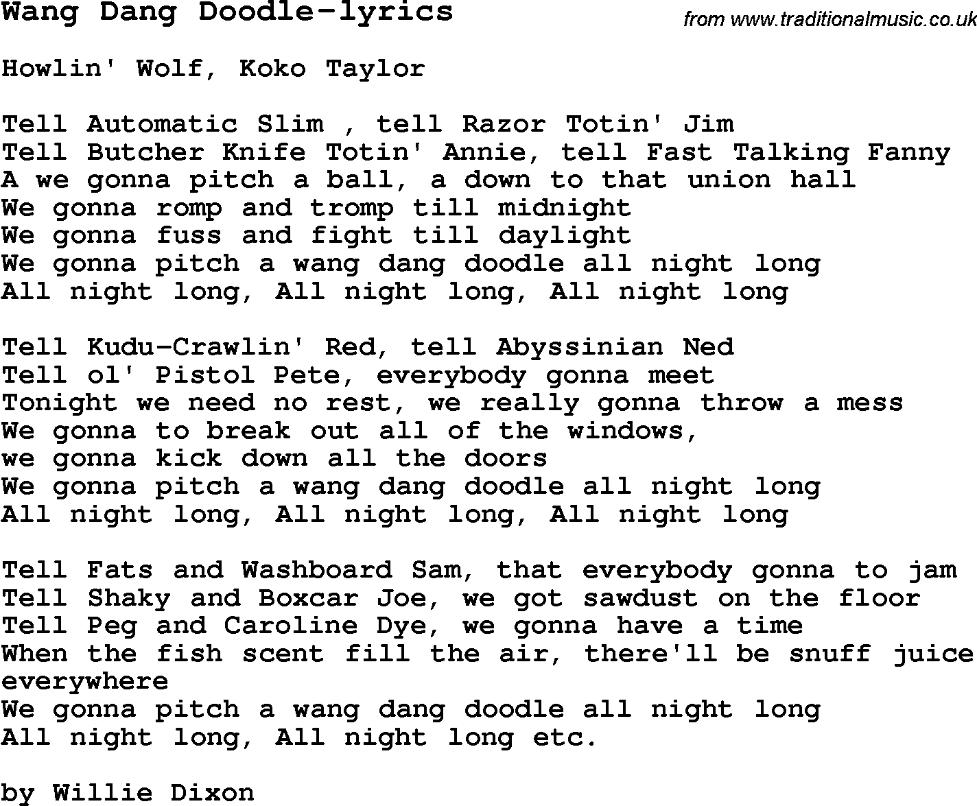 Blues Guitar Song, lyrics, chords, tablature, playing hints for Wang Dang Doodle-lyrics