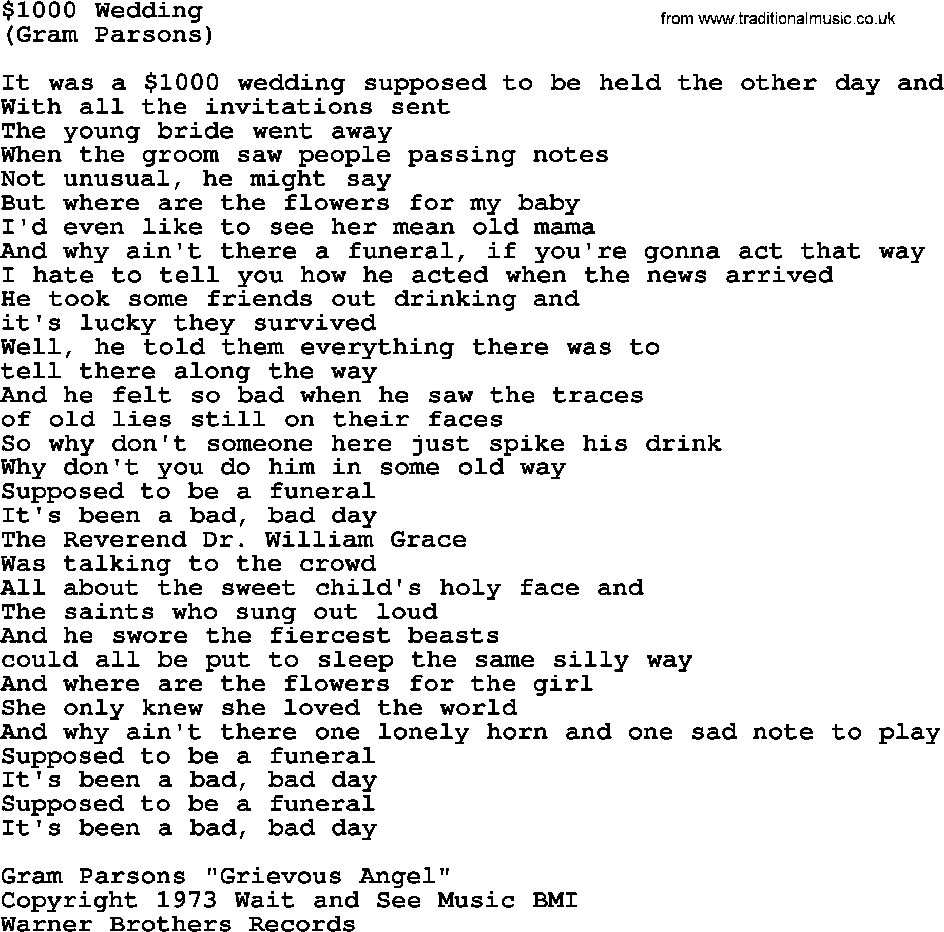 The Byrds song $1000 Wedding, lyrics