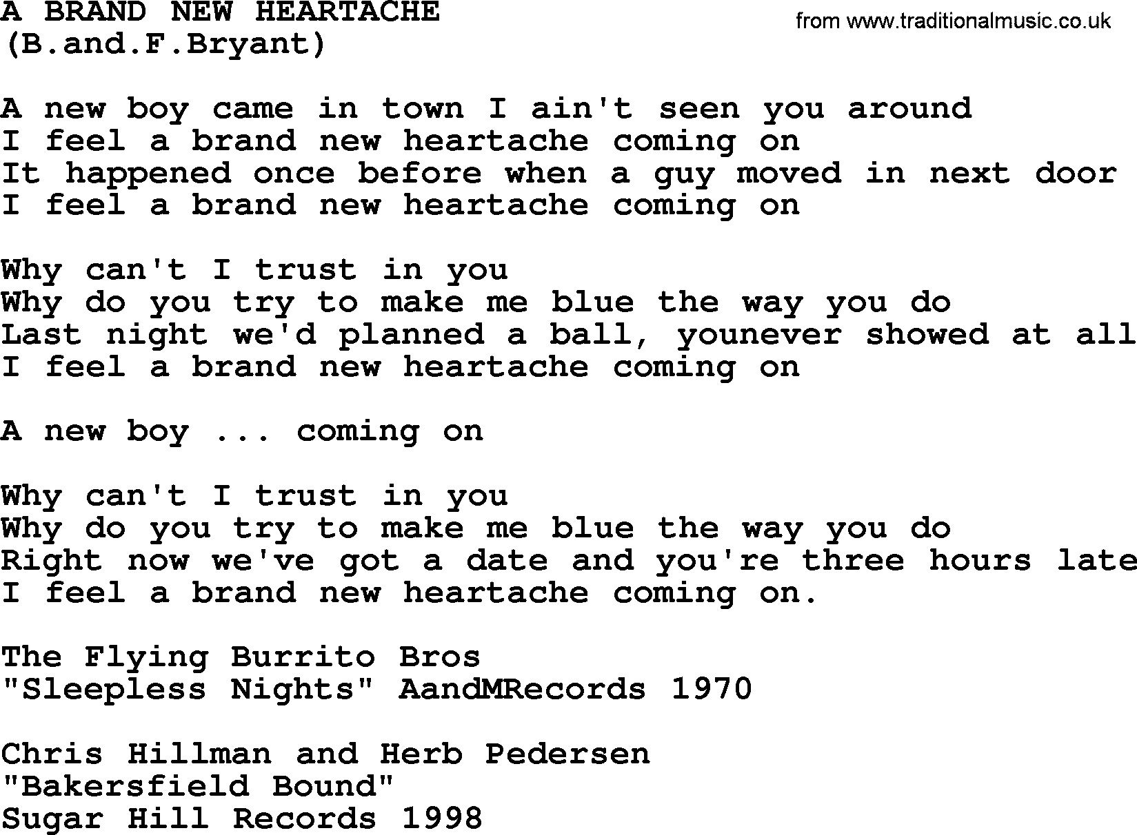 The Byrds song A Brand New Heartache, lyrics