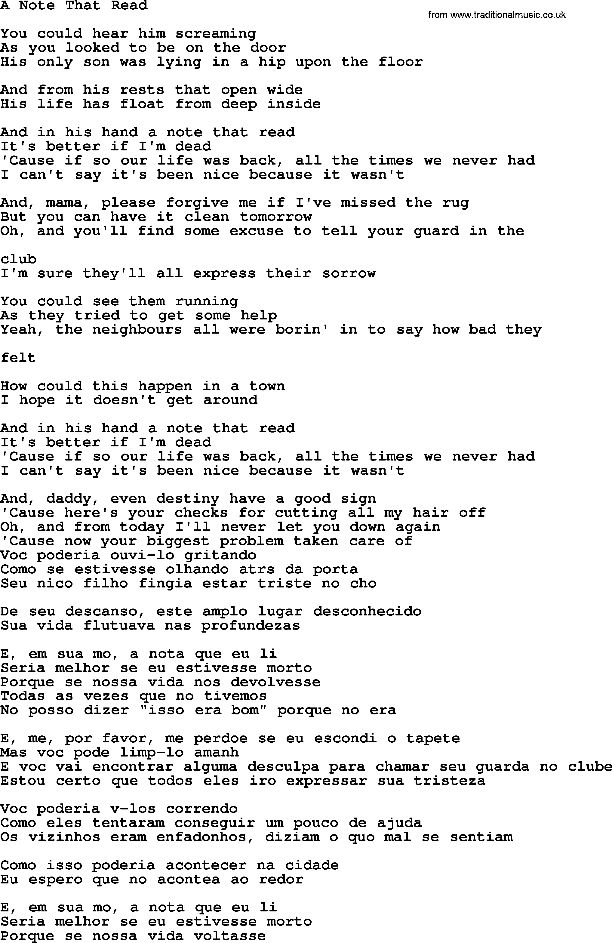 The Byrds song A Note That Read, lyrics