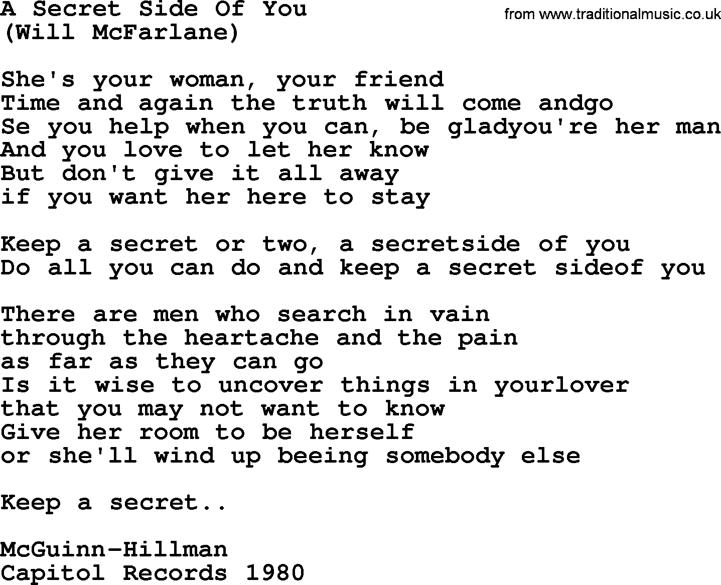 The Byrds song A Secret Side Of You, lyrics