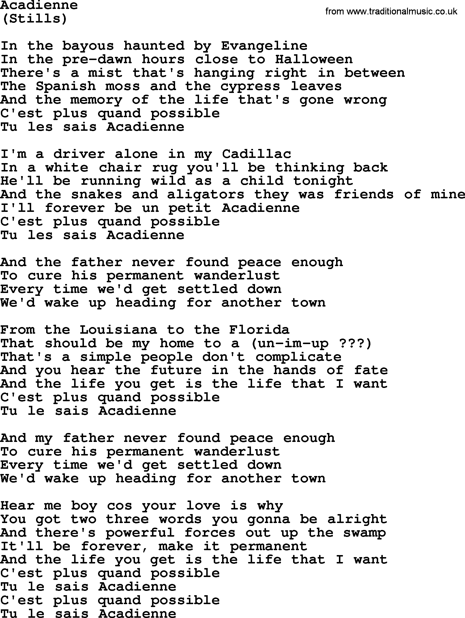 The Byrds song Acadienne, lyrics