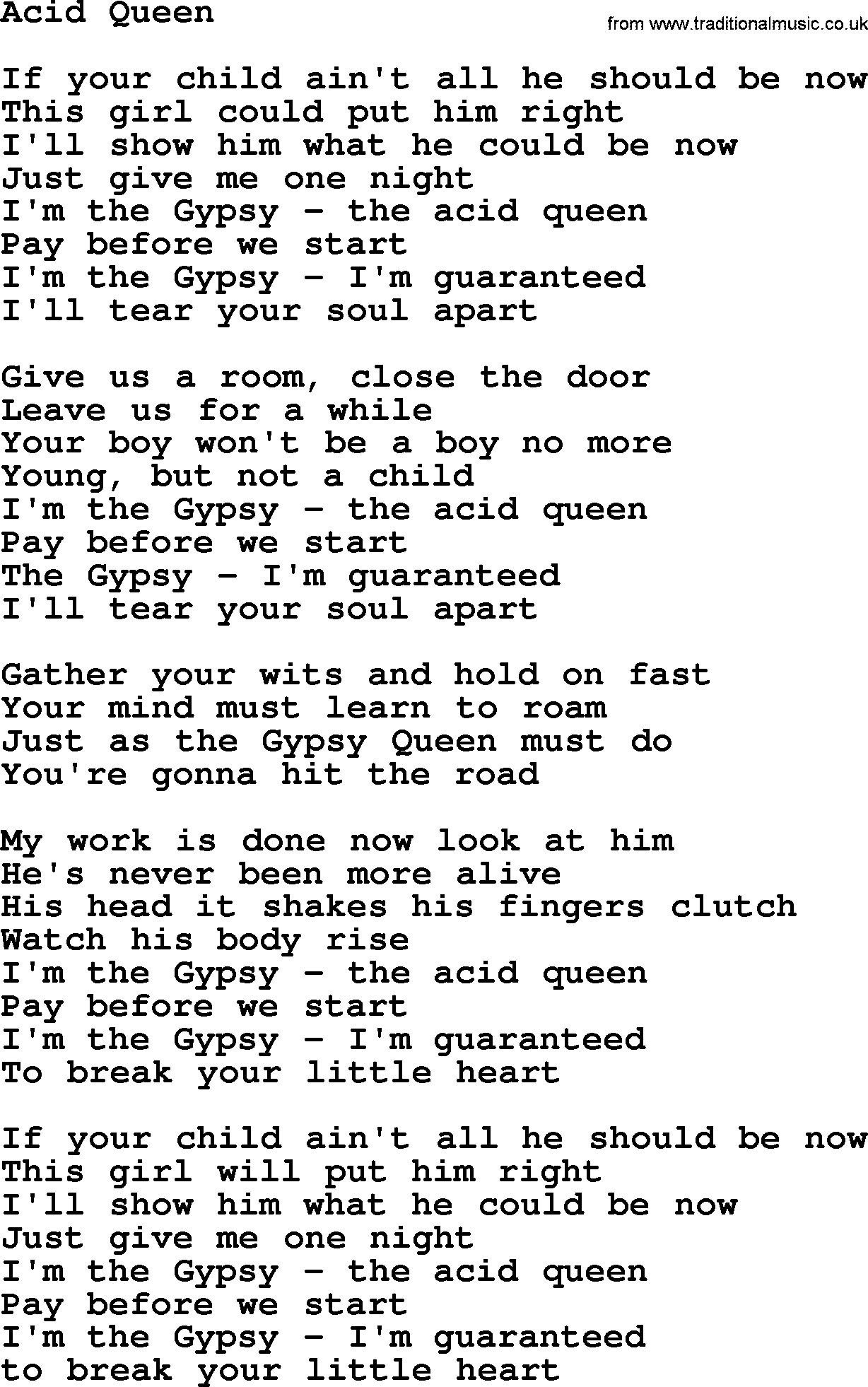 The Byrds song Acid Queen, lyrics
