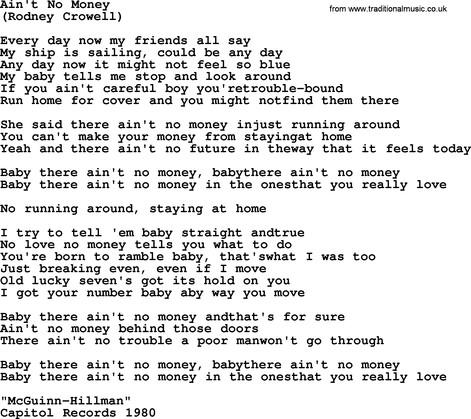 The Byrds song Ain't No Money, lyrics