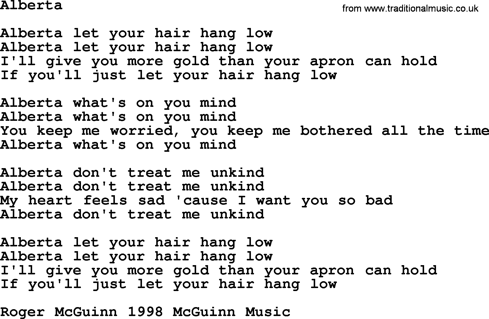 The Byrds song Alberta, lyrics