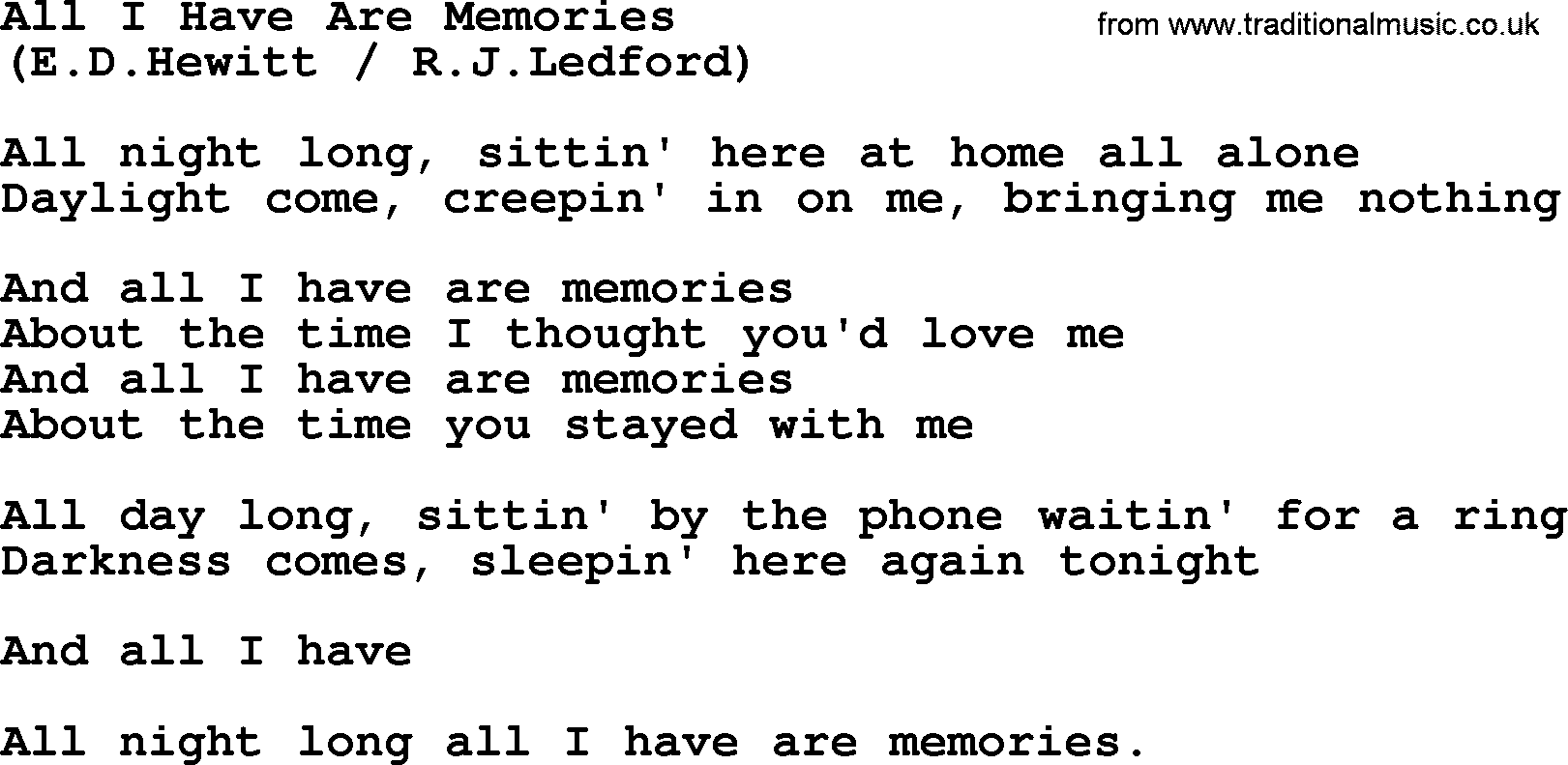 The Byrds song All I Have Are Memories, lyrics