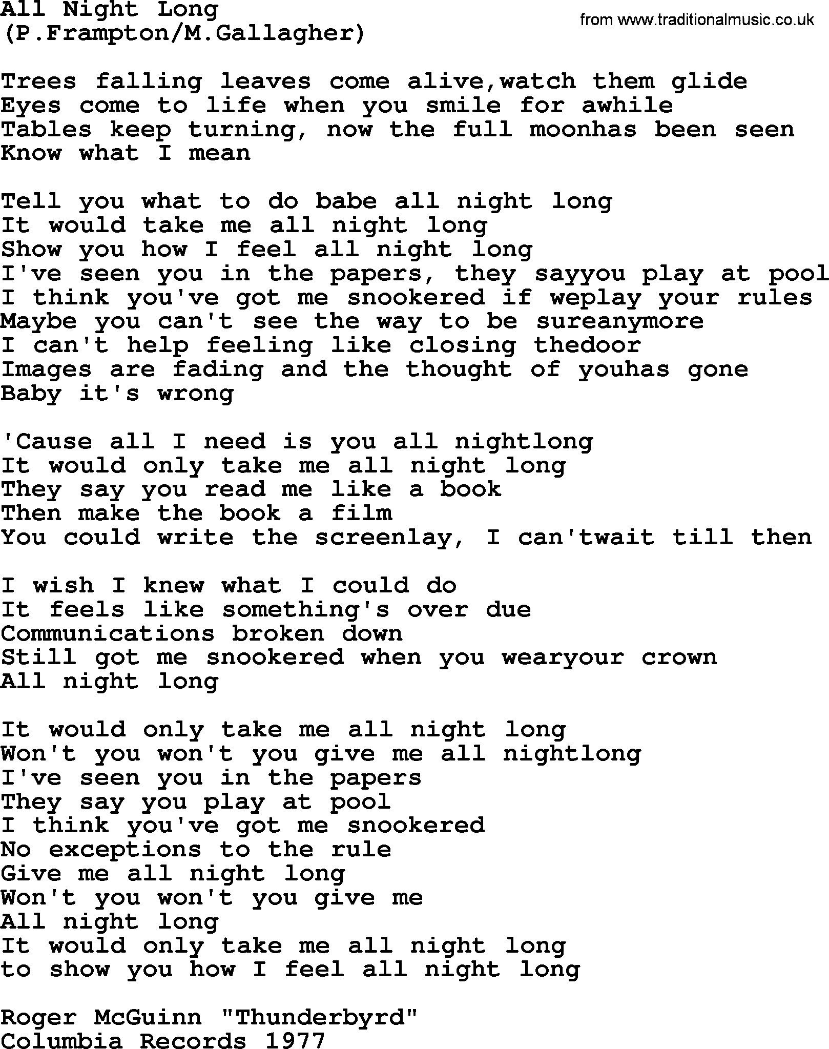The Byrds song All Night Long, lyrics