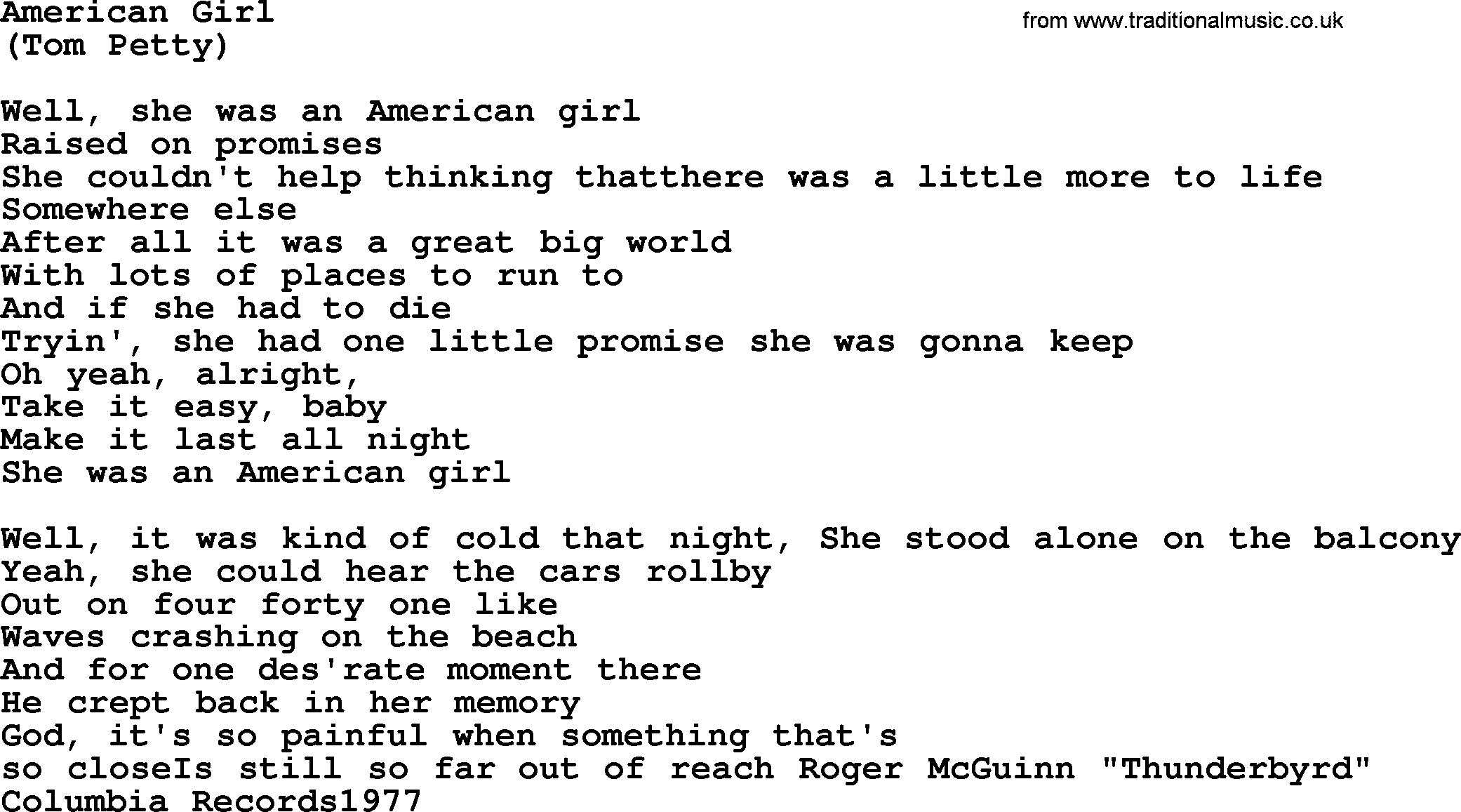 The Byrds song American Girl, lyrics