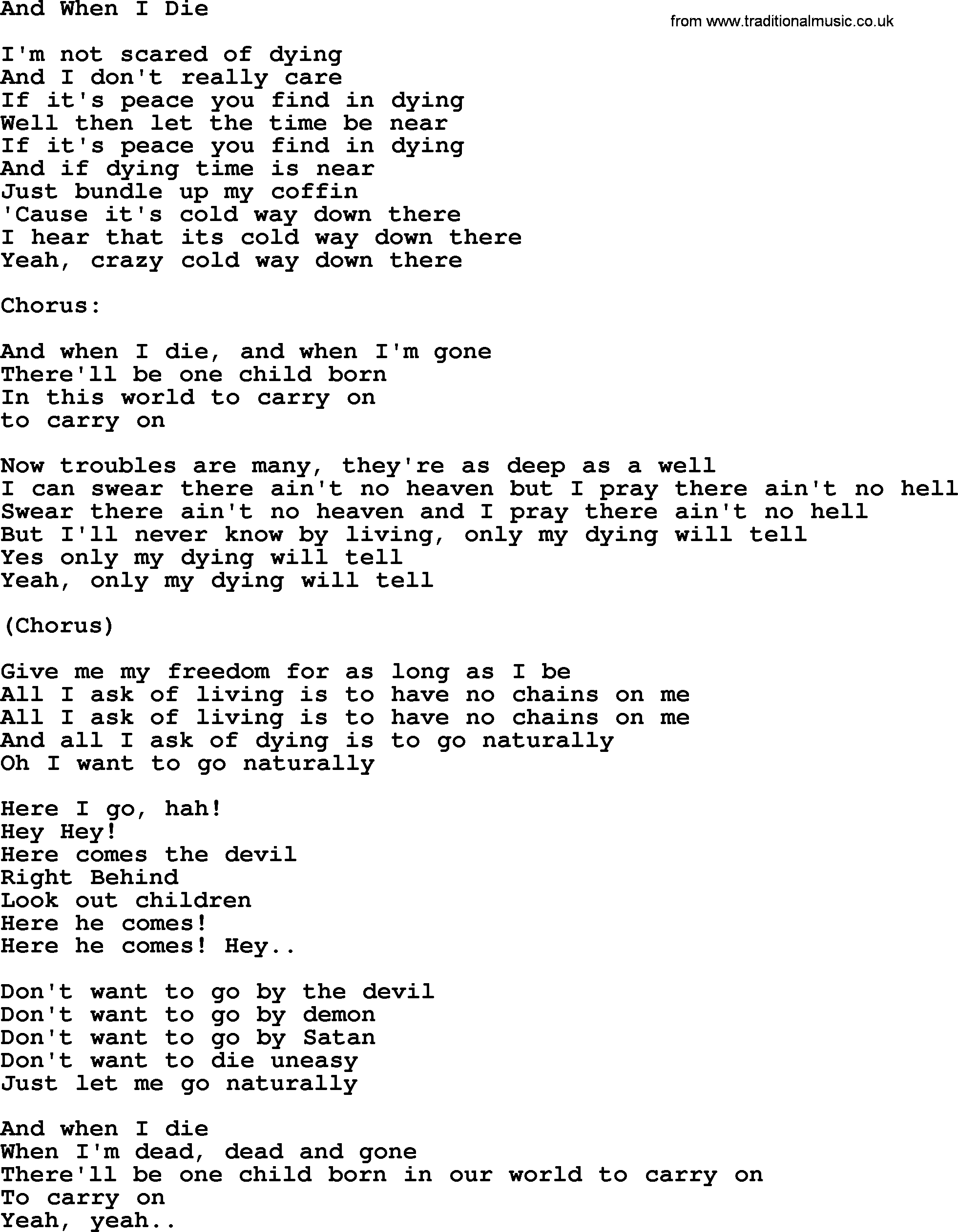 The Byrds song And When I Die, lyrics