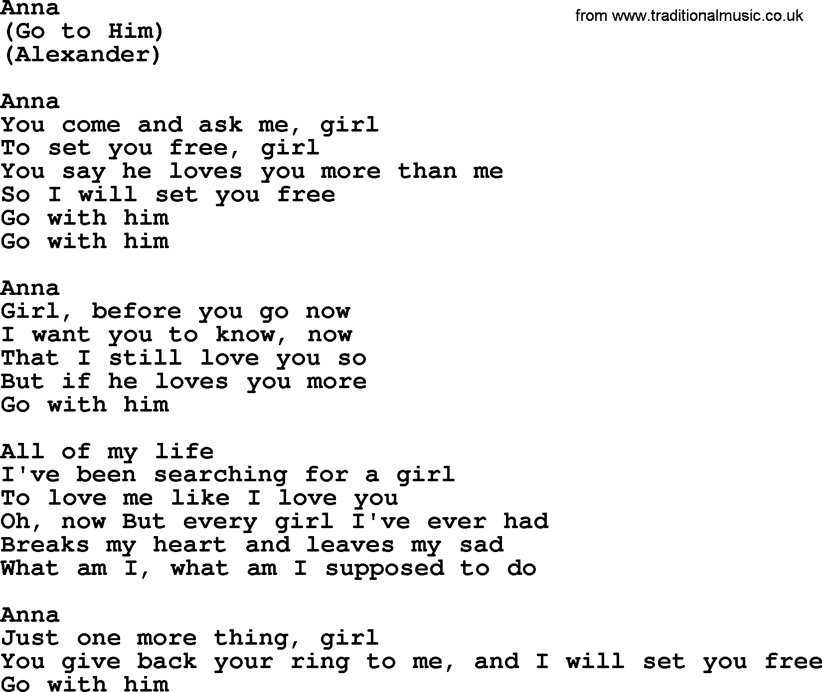 The Byrds song Anna, lyrics