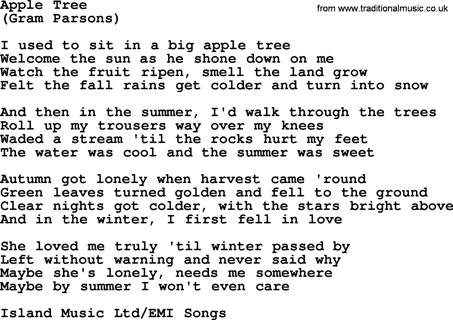 The Byrds song Apple Tree, lyrics