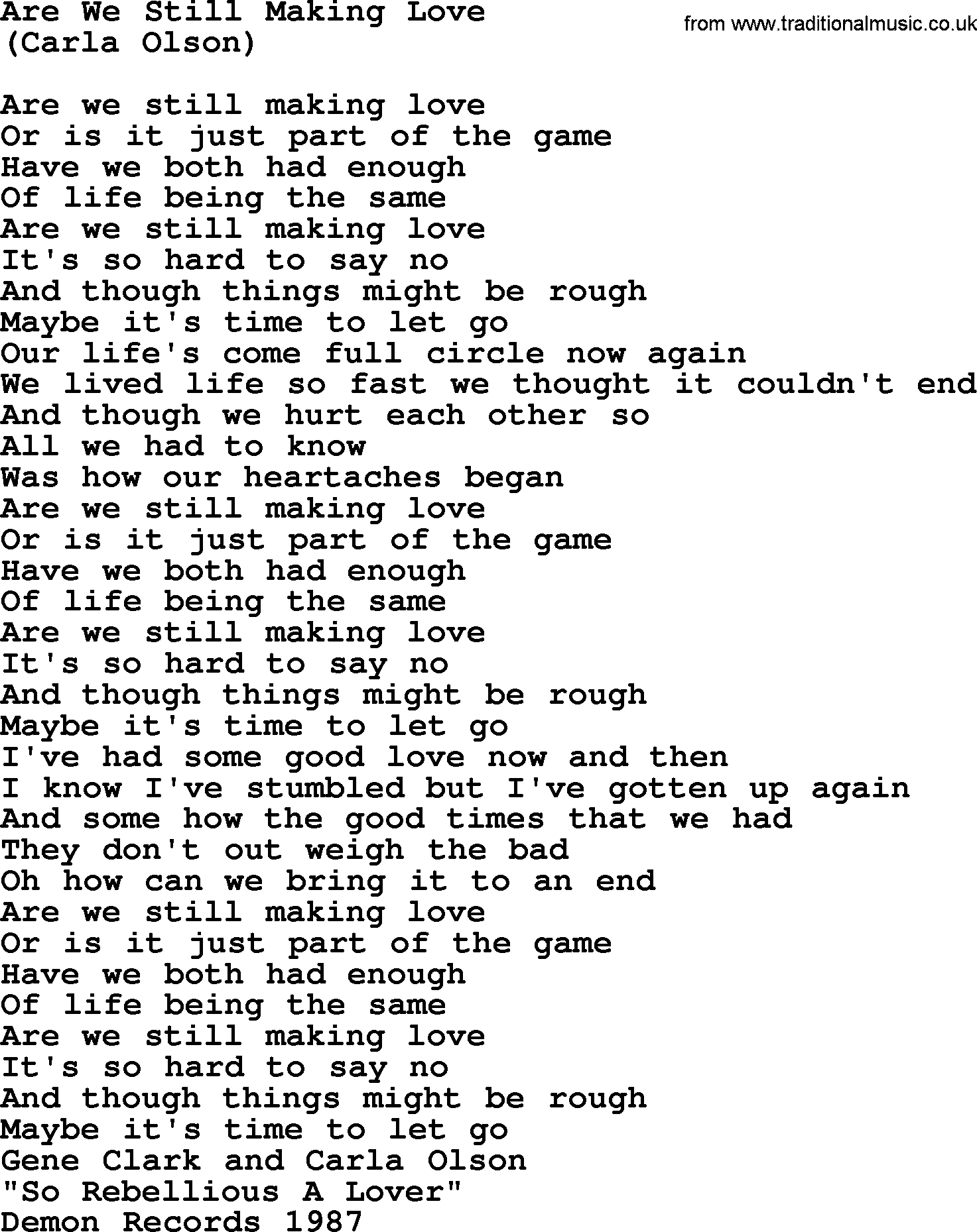 The Byrds song Are We Still Making Love, lyrics