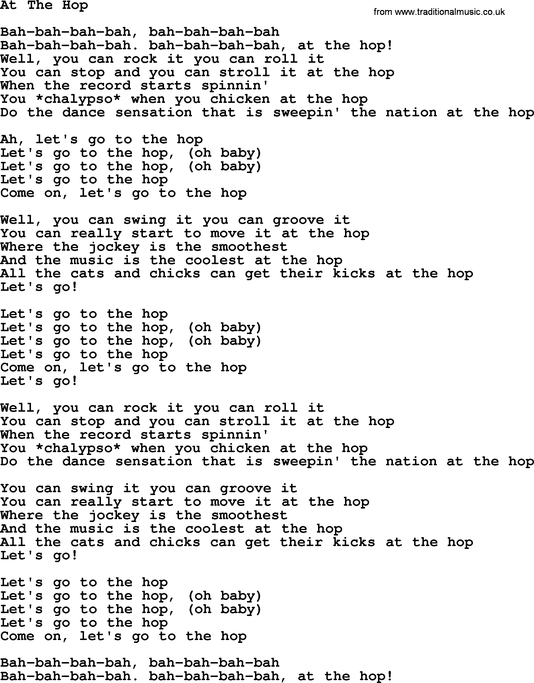 The Byrds song At The Hop, lyrics