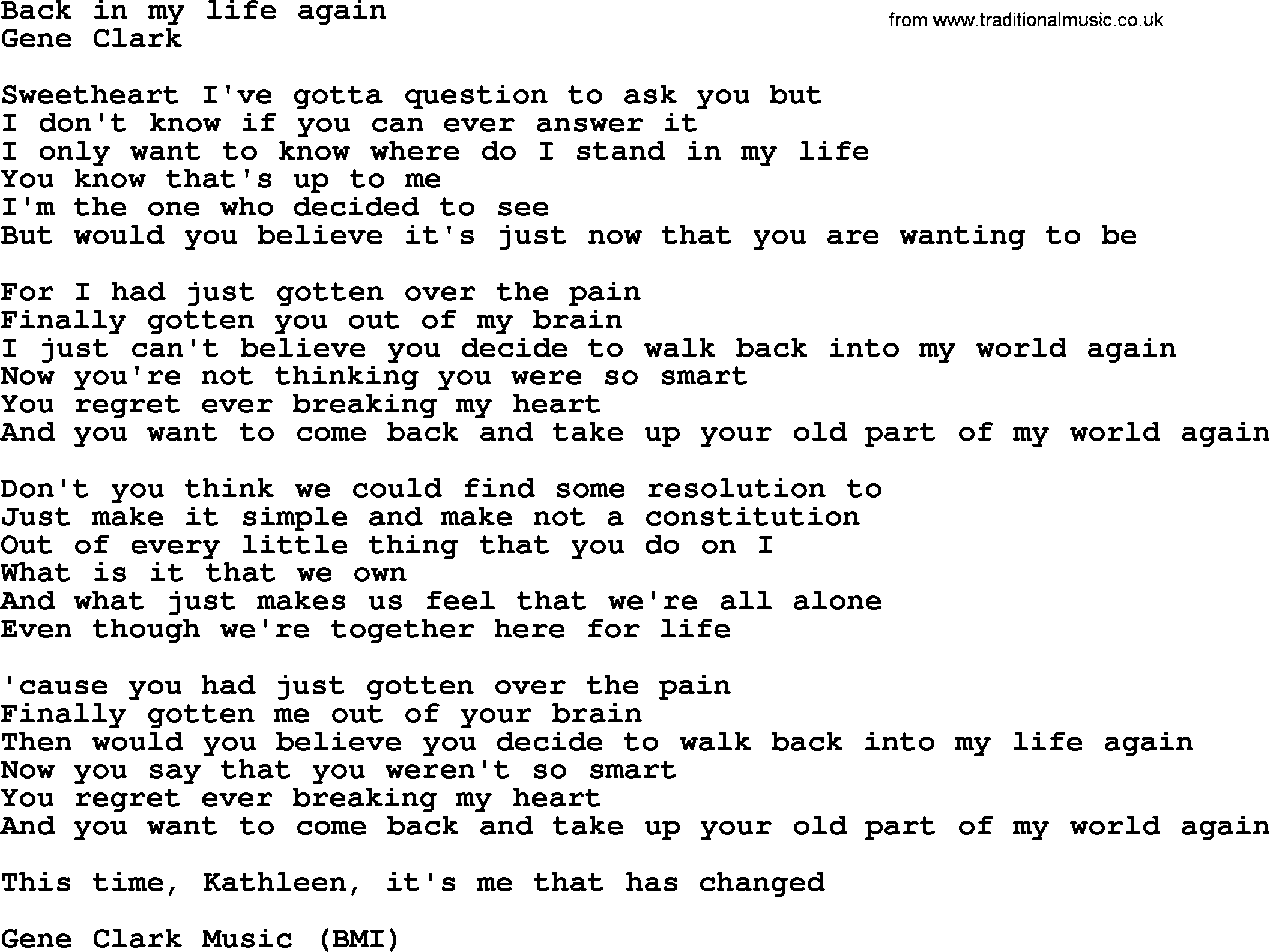 The Byrds song Back In My Life Again, lyrics