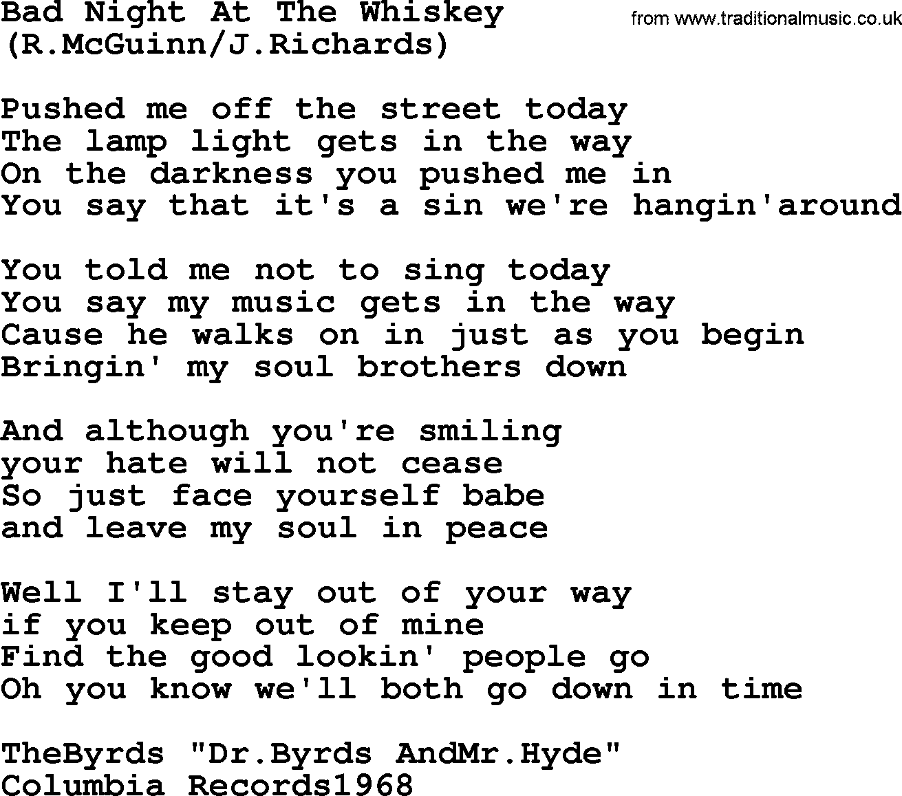 The Byrds song Bad Night At The Whiskey, lyrics