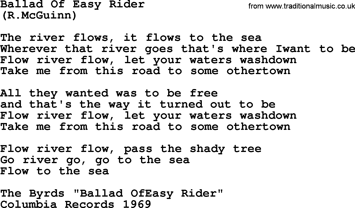 The Byrds song Ballad Of Easy Rider, lyrics