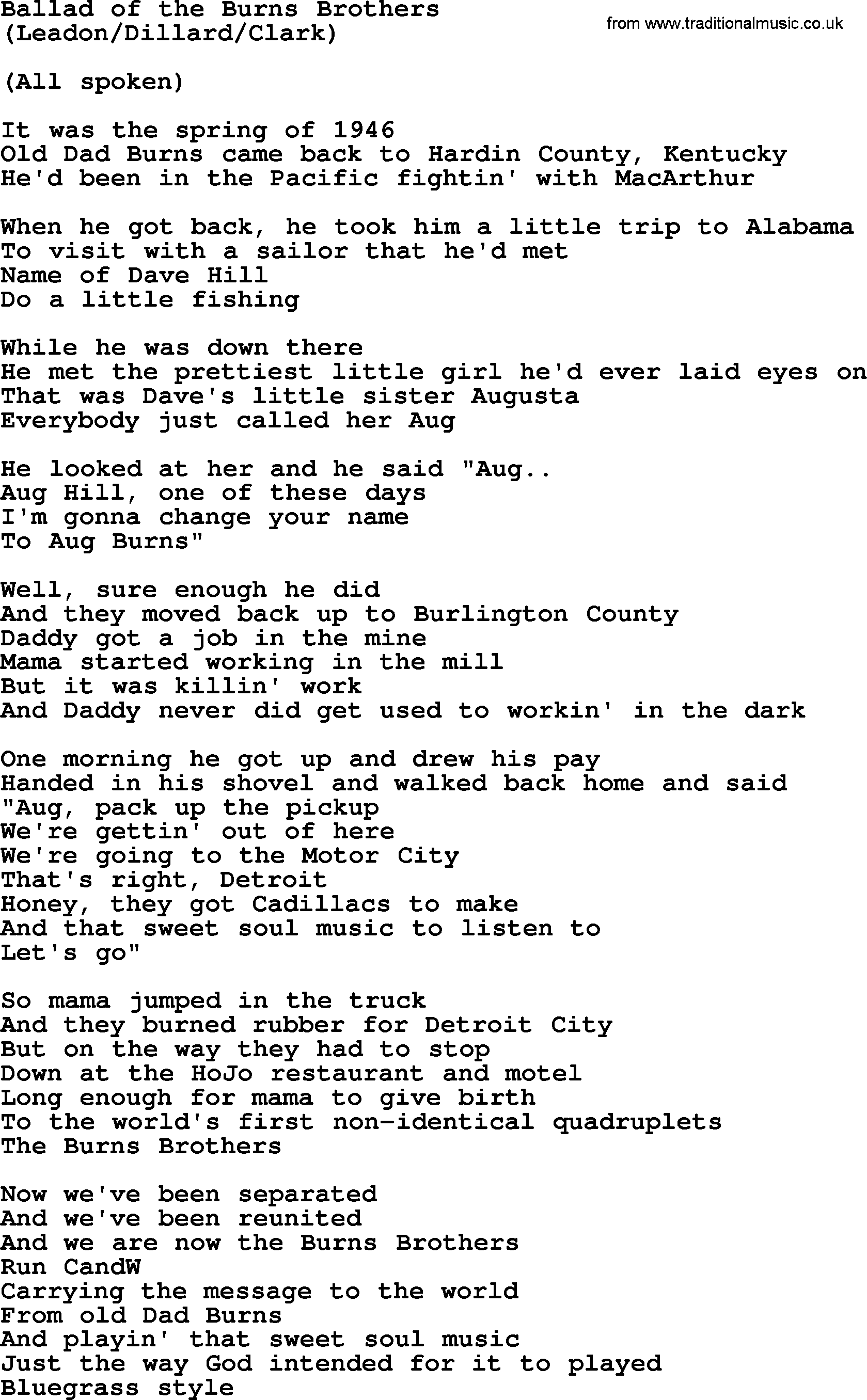 The Byrds song Ballad Of The Burns Brothers, lyrics