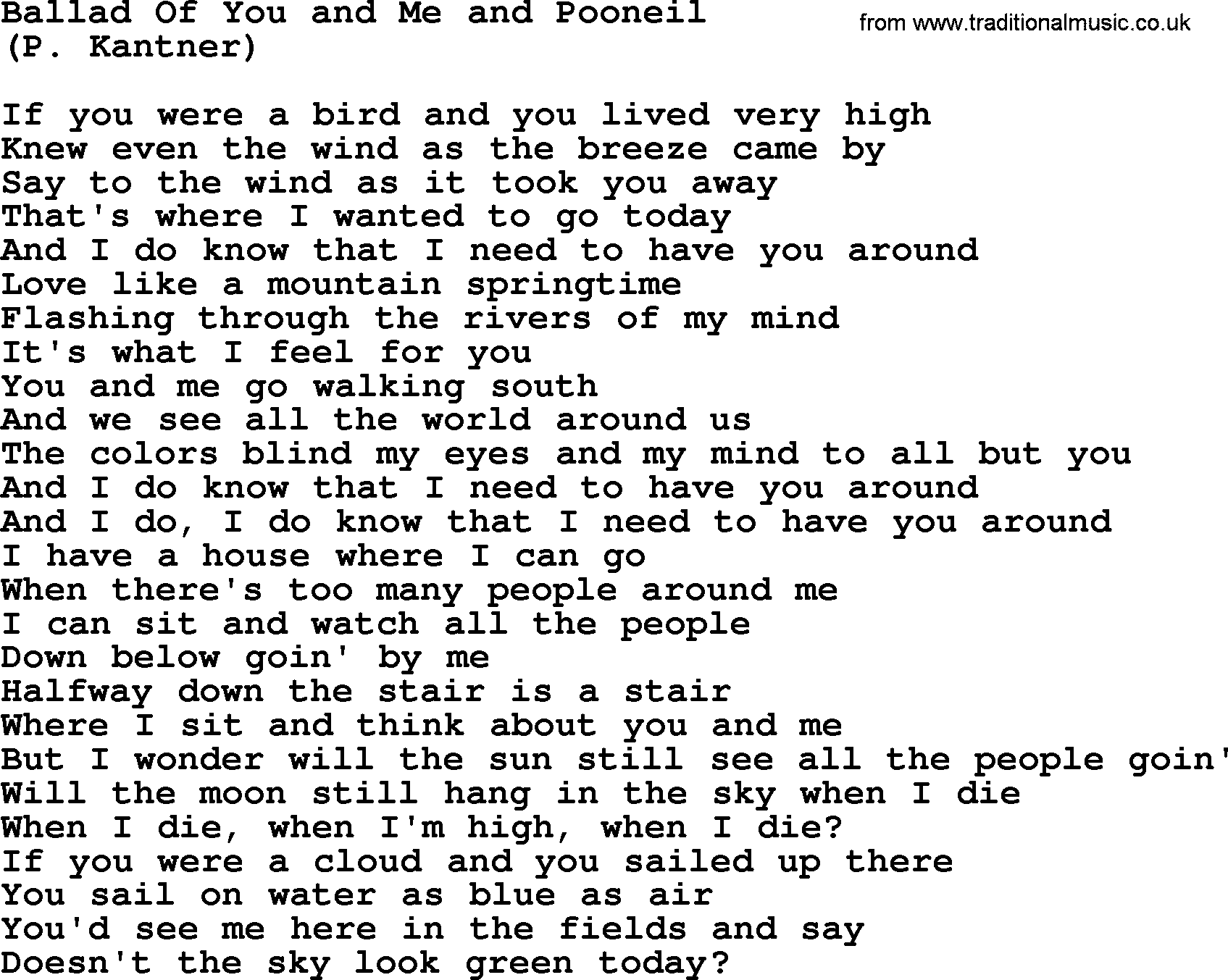 The Byrds song Ballad Of You And Me And Pooneil, lyrics