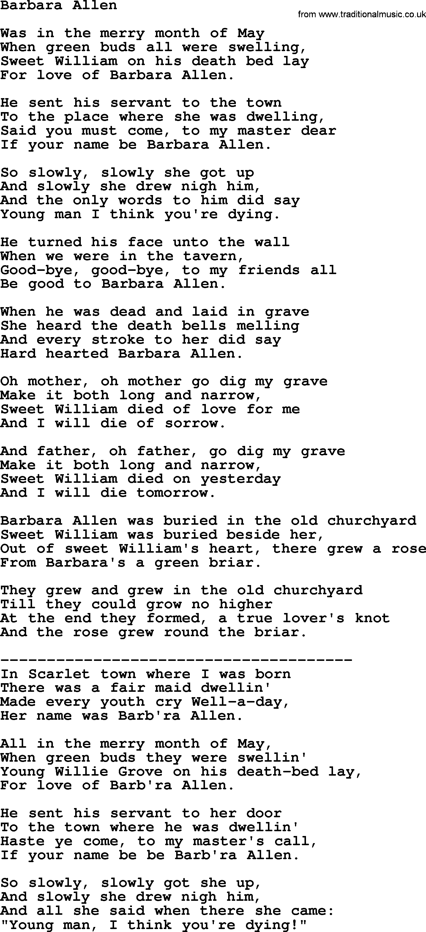 The Byrds song Barbara Allen, lyrics